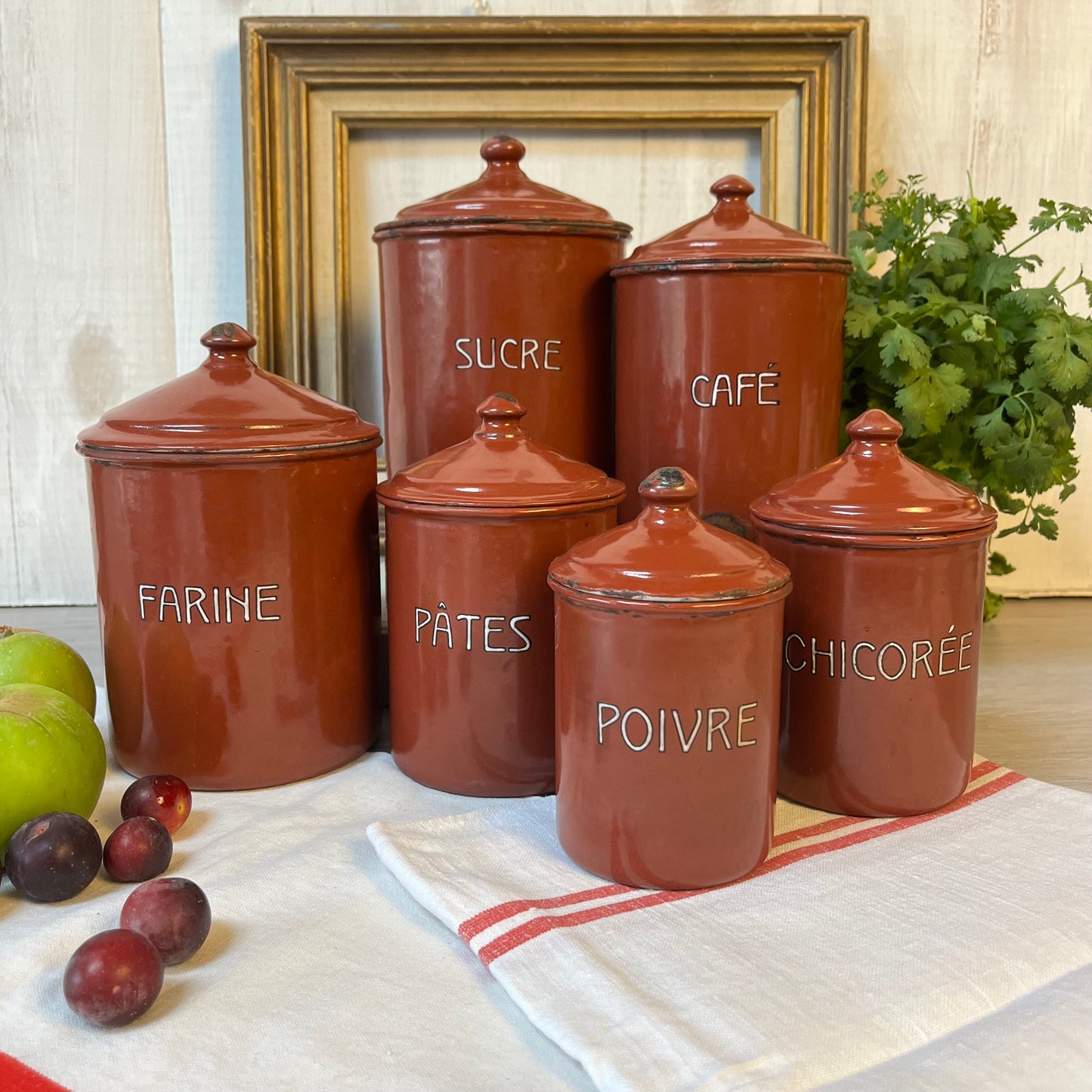 Vintage French Enamel Graduated Canisters x 6. 1930s