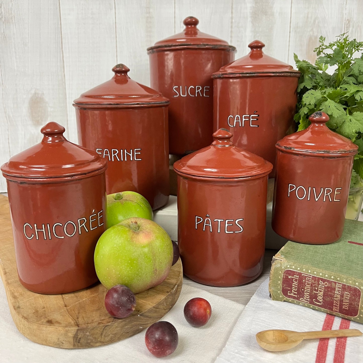Vintage French Enamel Graduated Canisters x 6. 1930s