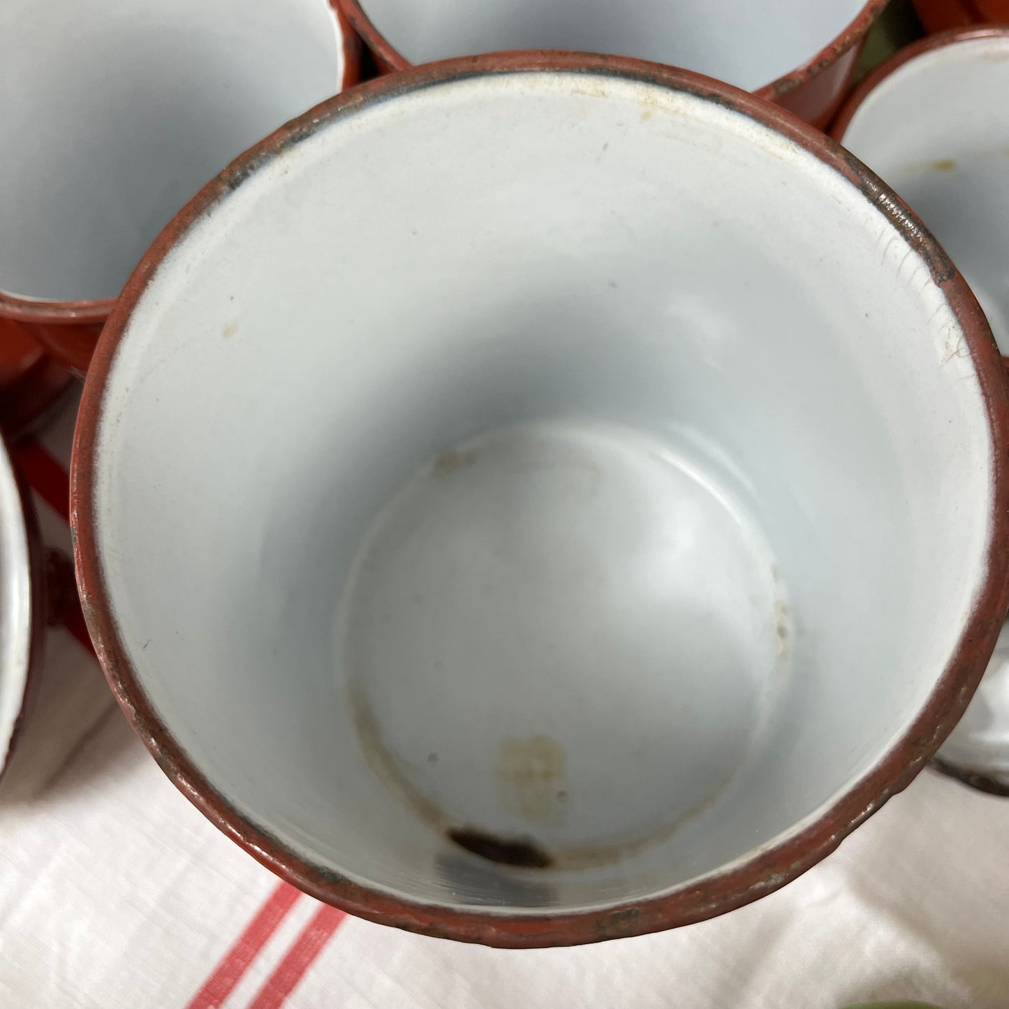 Vintage French Enamel Graduated Canisters x 6. 1930s