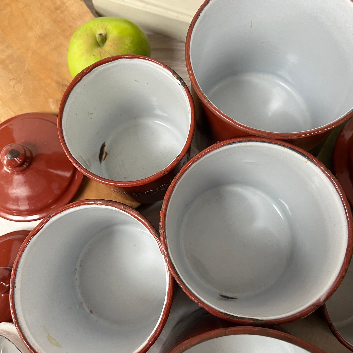 Vintage French Enamel Graduated Canisters x 6. 1930s