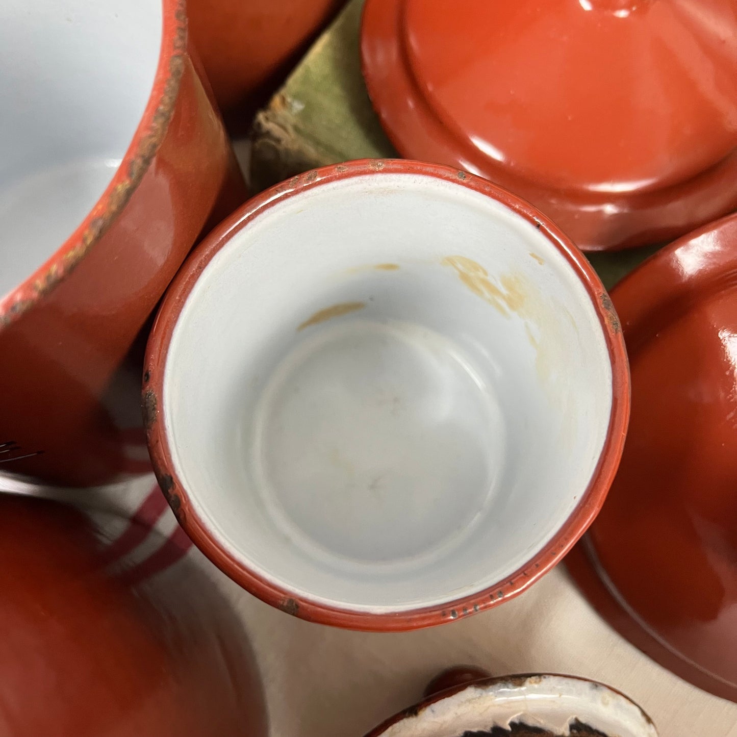 Vintage French Enamel Graduated Canisters x 6. 1930s