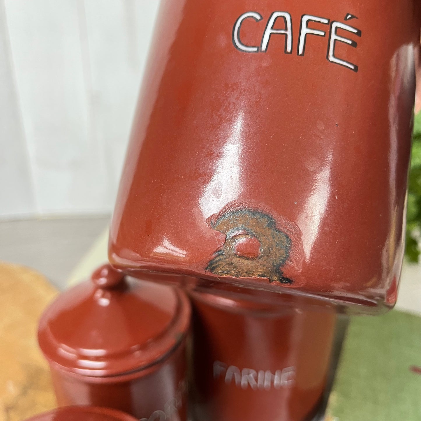 Vintage French Enamel Graduated Canisters x 6. 1930s