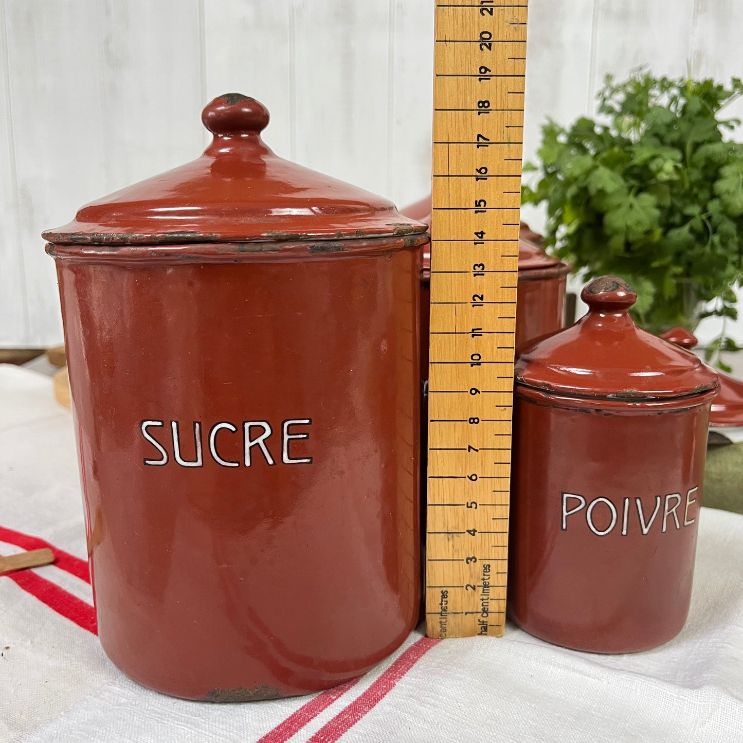 Vintage French Enamel Graduated Canisters x 6. 1930s