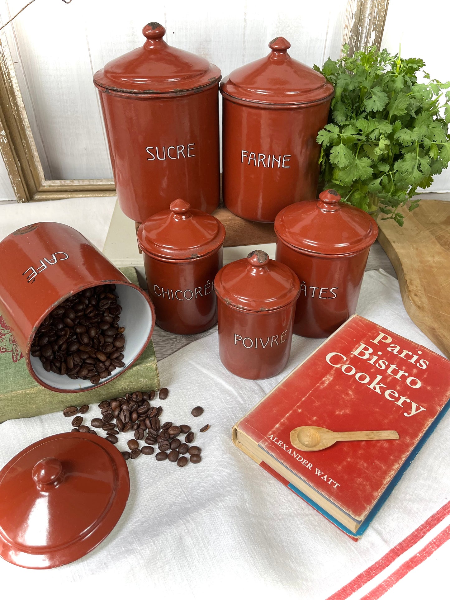 Vintage French Enamel Graduated Canisters x 6. 1930s