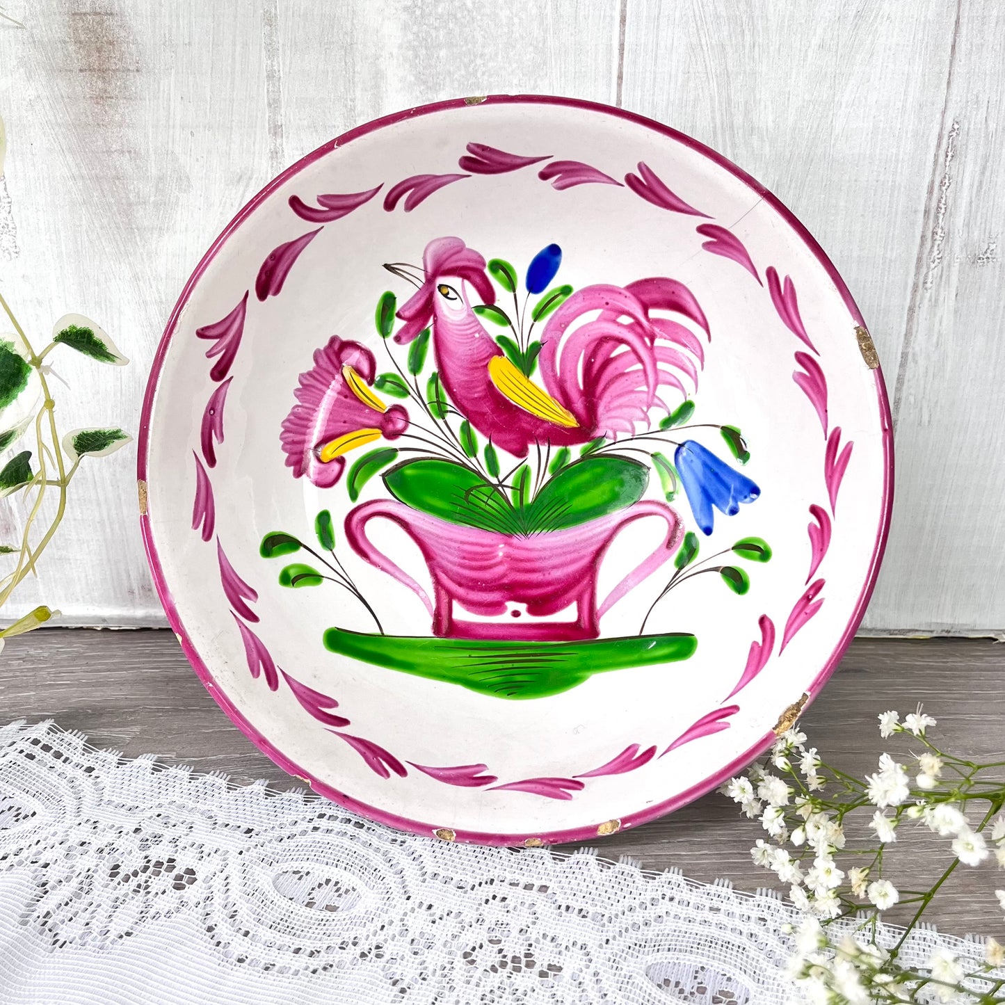 Antique K & G Luneville Faience Tin Glaze Earthenware Plate. Chanticleer. France