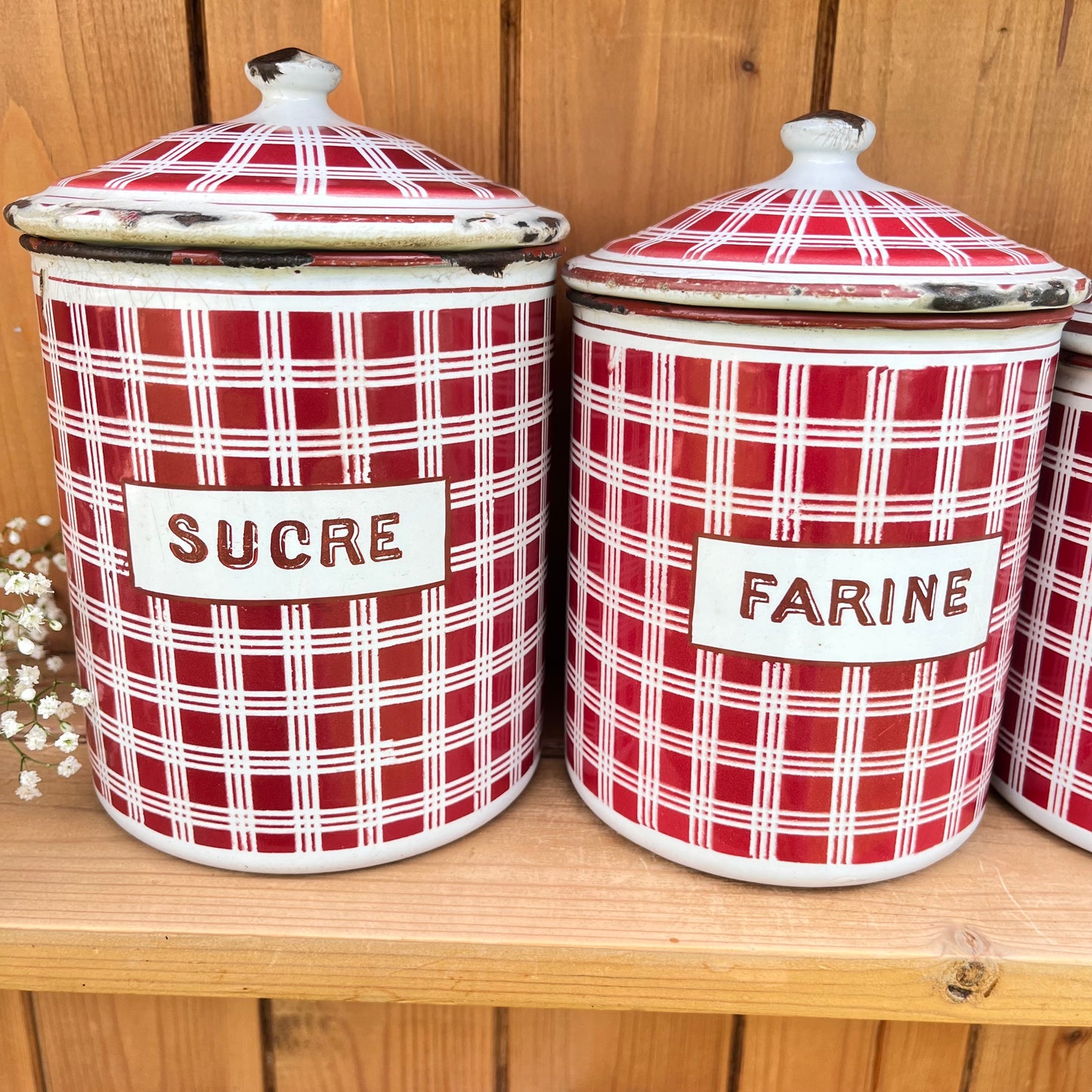 Vintage French Enamel Canisters x 5 . B.B. Freres. 1930s