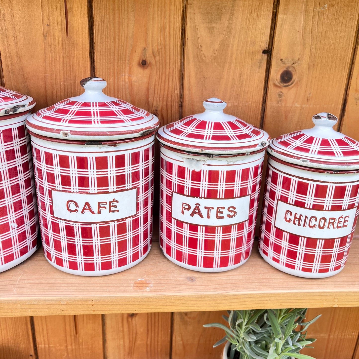 Vintage French Enamel Canisters x 5 . B.B. Freres. 1930s