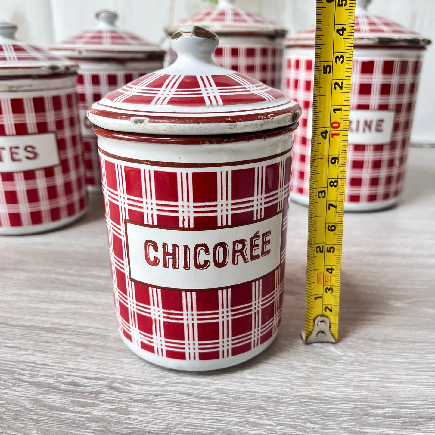 Vintage French Enamel Canisters x 5 . B.B. Freres. 1930s