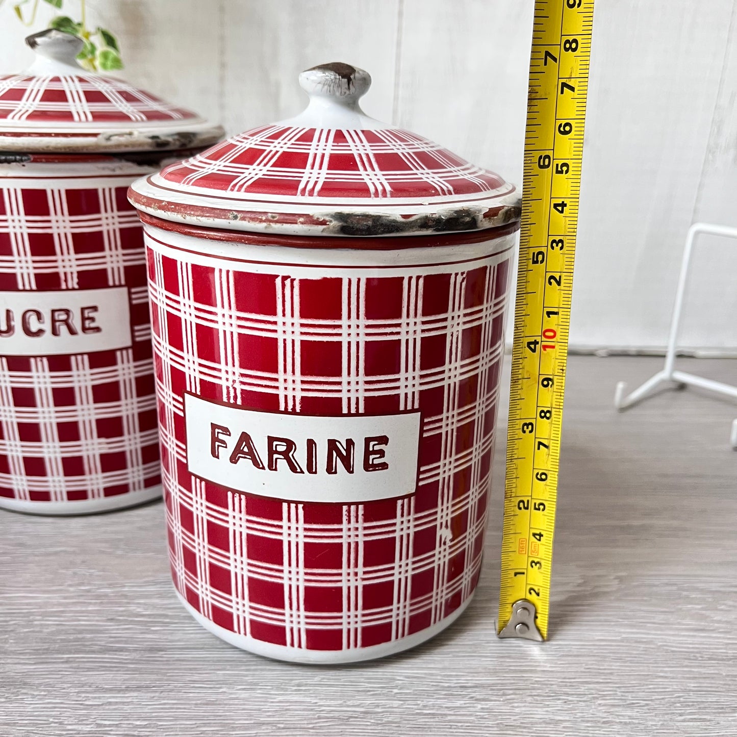 Vintage French Enamel Canisters x 5 . B.B. Freres. 1930s