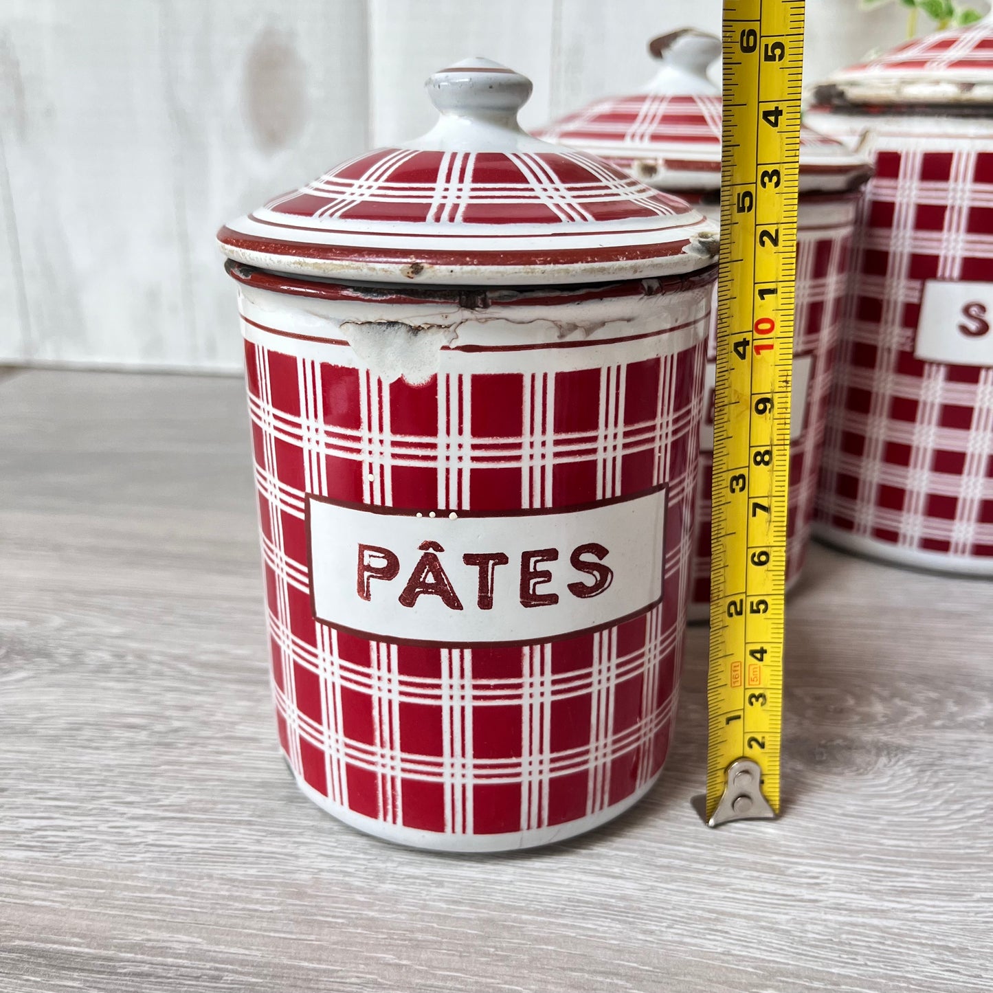 Vintage French Enamel Canisters x 5 . B.B. Freres. 1930s