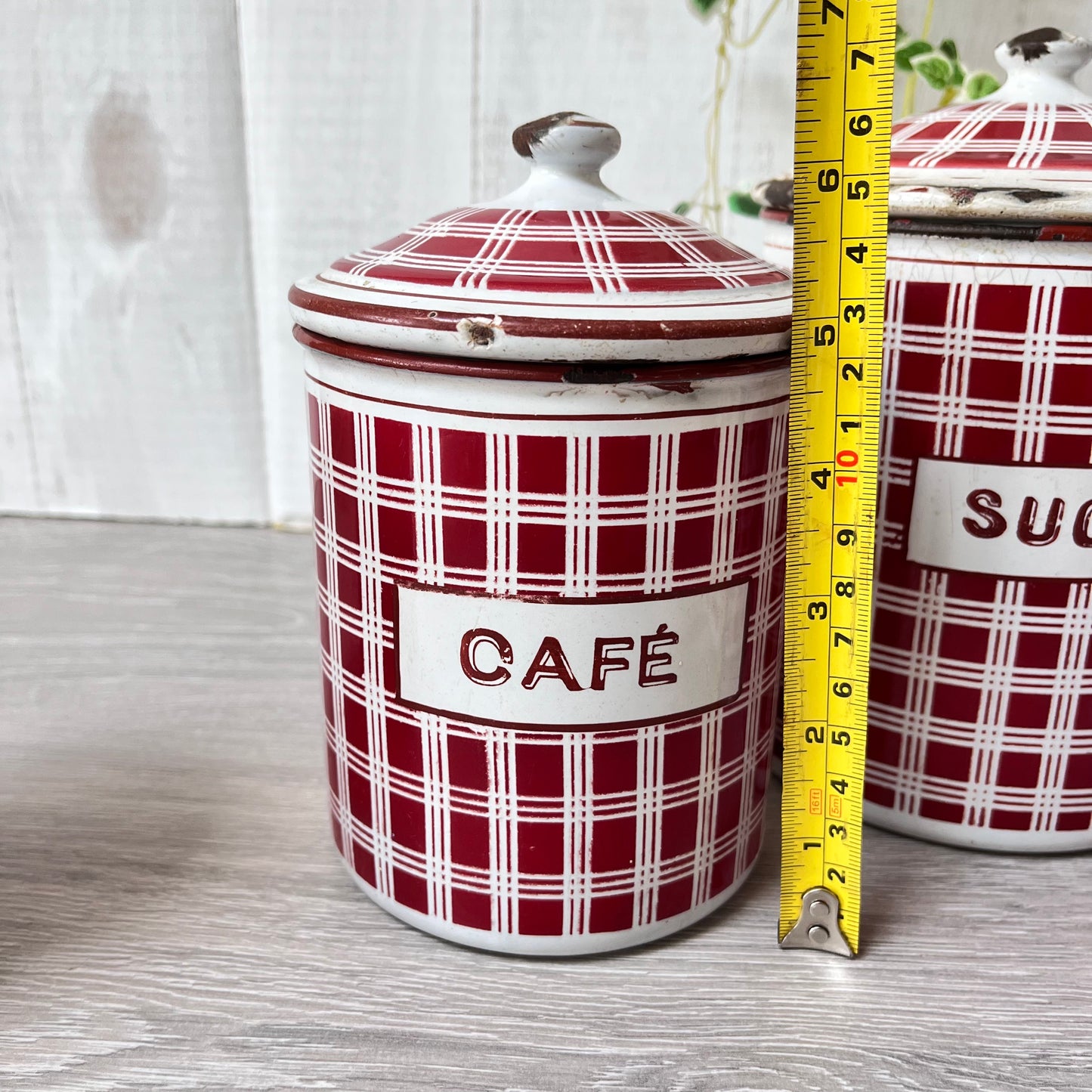 Vintage French Enamel Canisters x 5 . B.B. Freres. 1930s