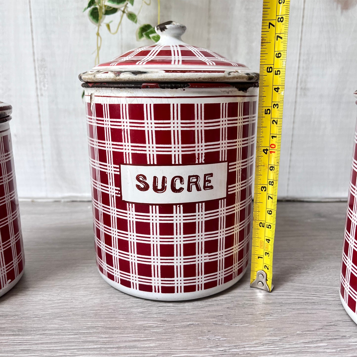 Vintage French Enamel Canisters x 5 . B.B. Freres. 1930s