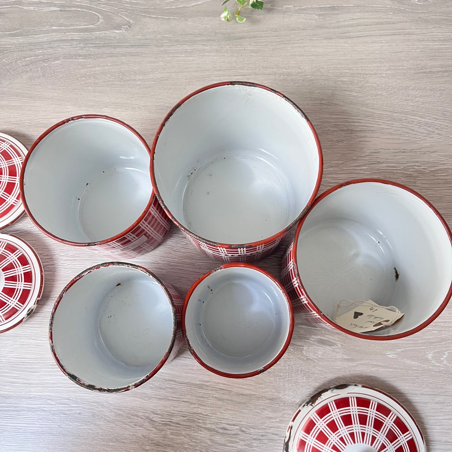 Vintage French Enamel Canisters x 5 . B.B. Freres. 1930s