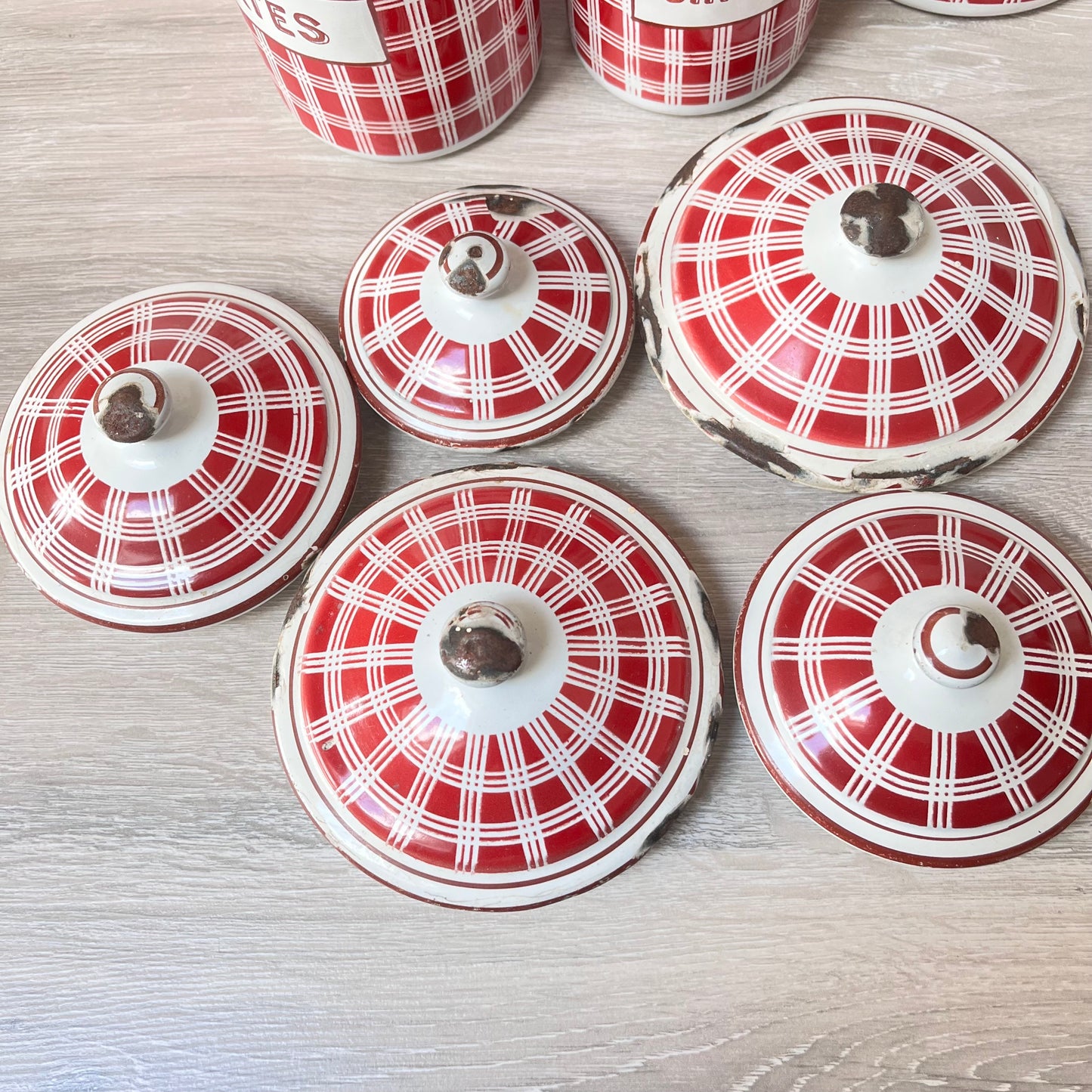 Vintage French Enamel Canisters x 5 . B.B. Freres. 1930s