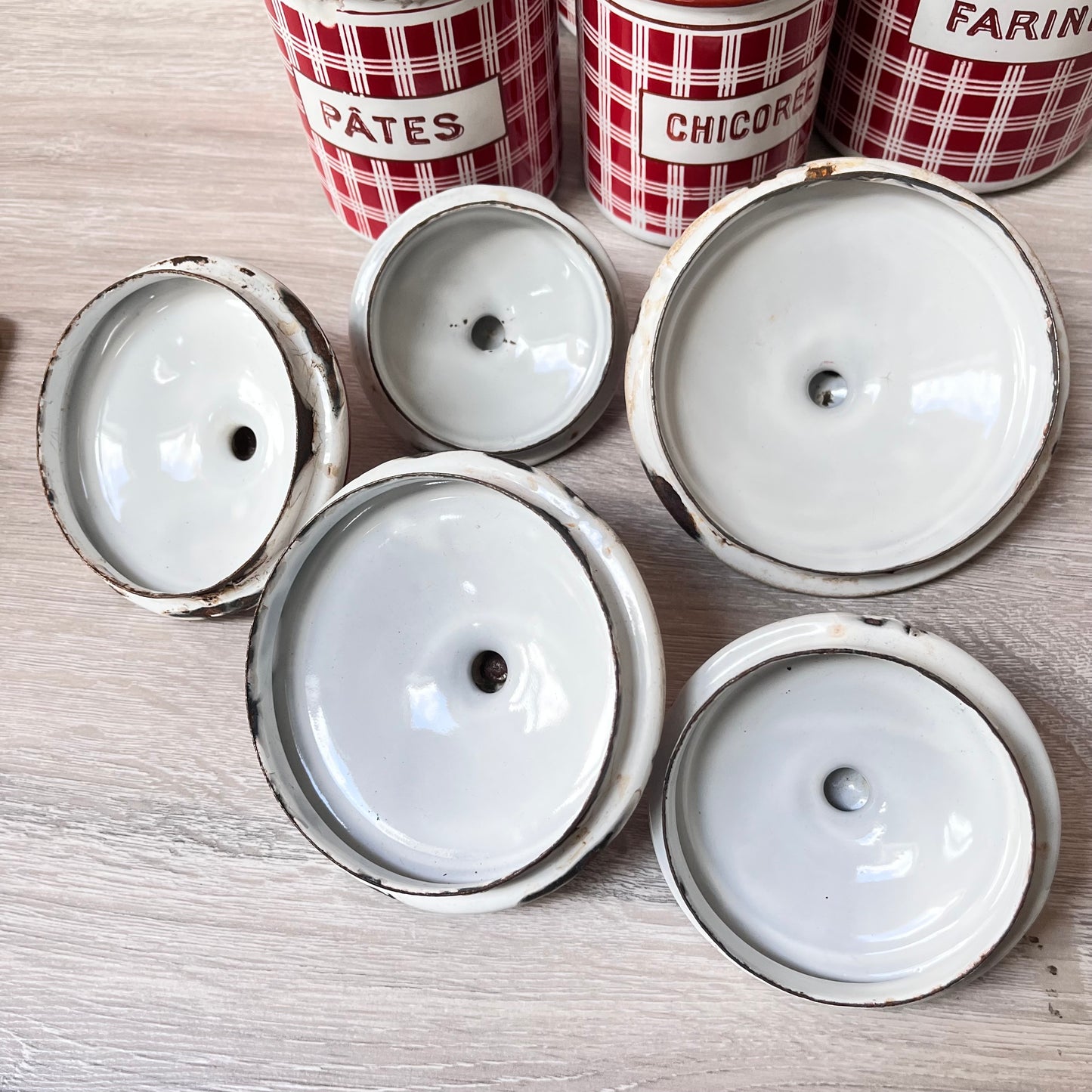 Vintage French Enamel Canisters x 5 . B.B. Freres. 1930s