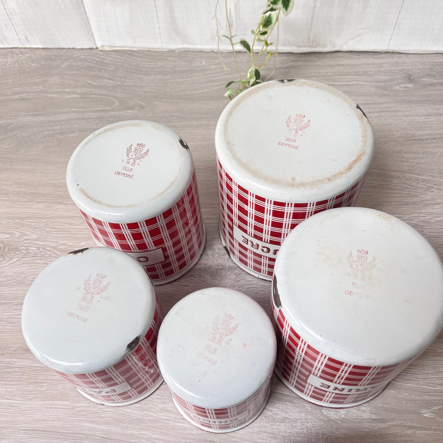 Vintage French Enamel Canisters x 5 . B.B. Freres. 1930s