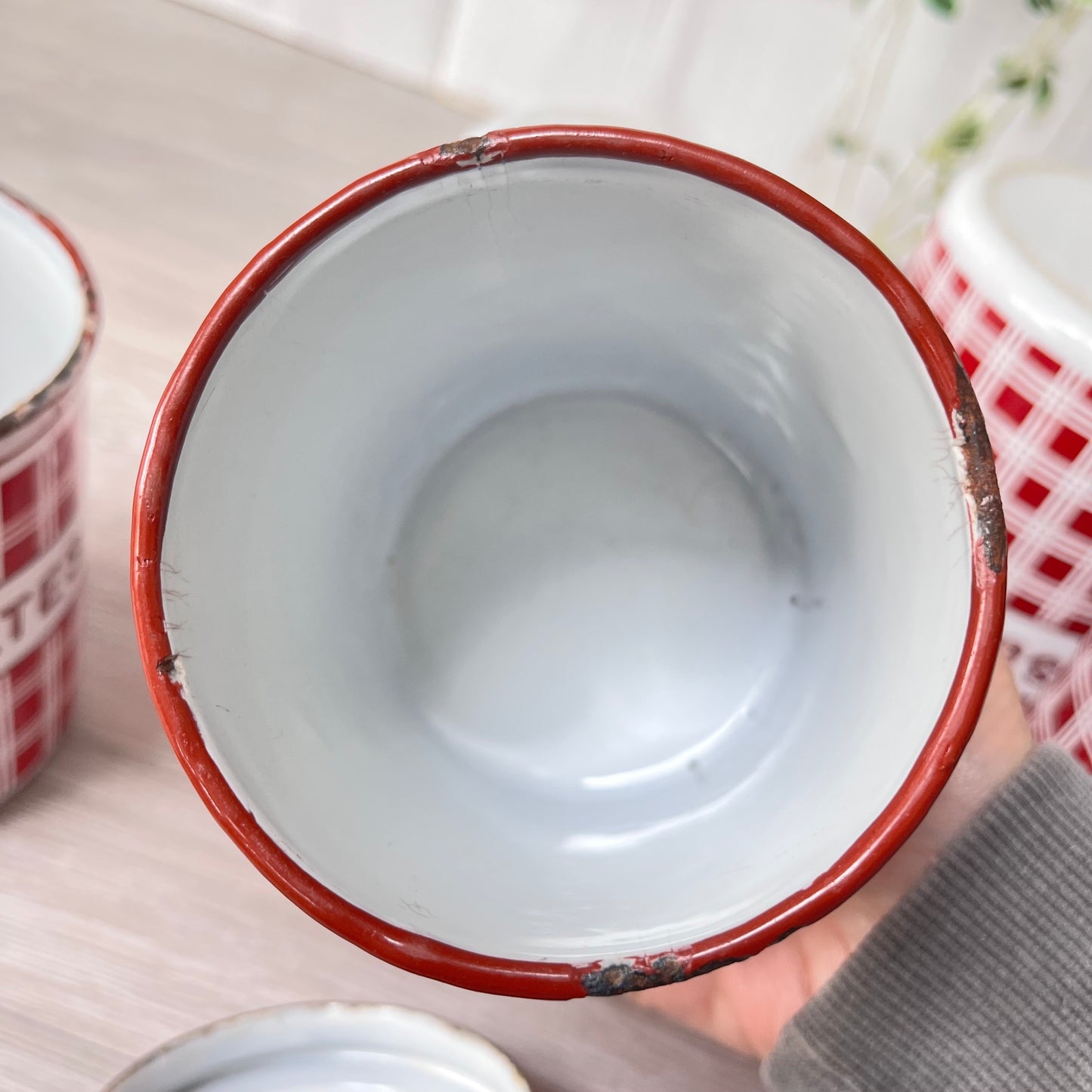 Vintage French Enamel Canisters x 5 . B.B. Freres. 1930s