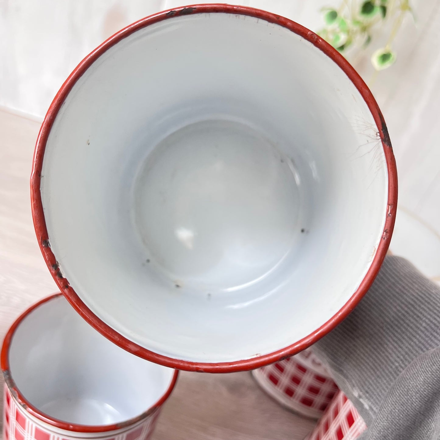 Vintage French Enamel Canisters x 5 . B.B. Freres. 1930s