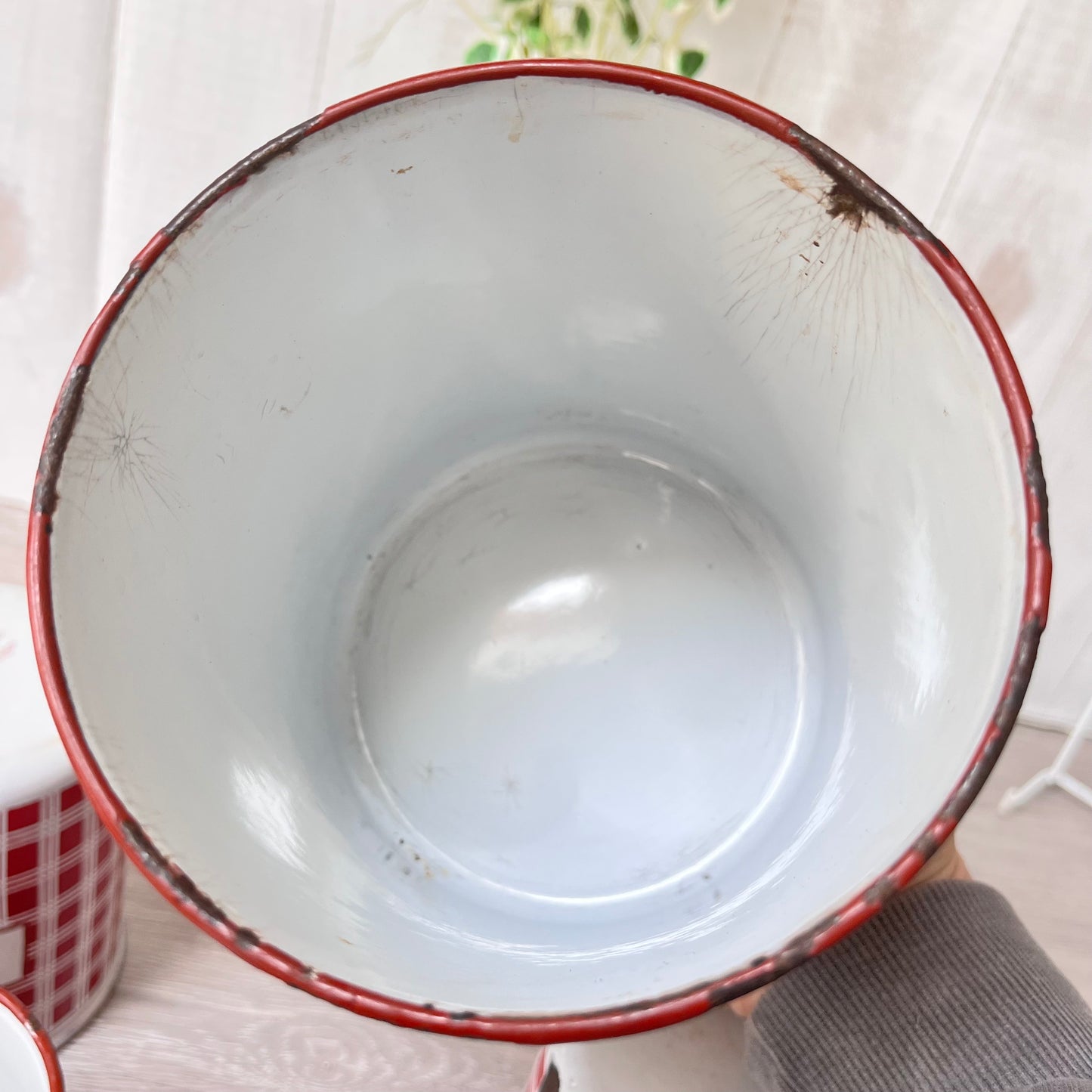 Vintage French Enamel Canisters x 5 . B.B. Freres. 1930s