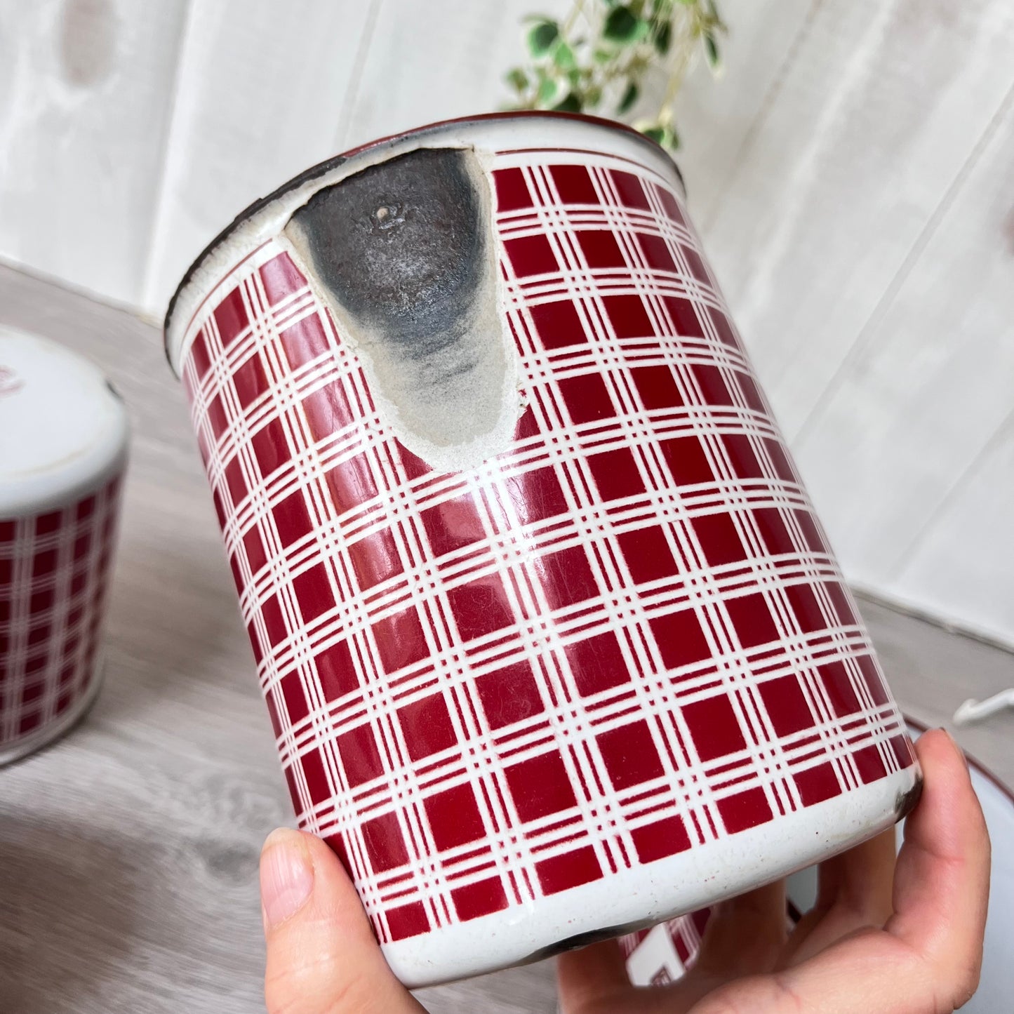 Vintage French Enamel Canisters x 5 . B.B. Freres. 1930s