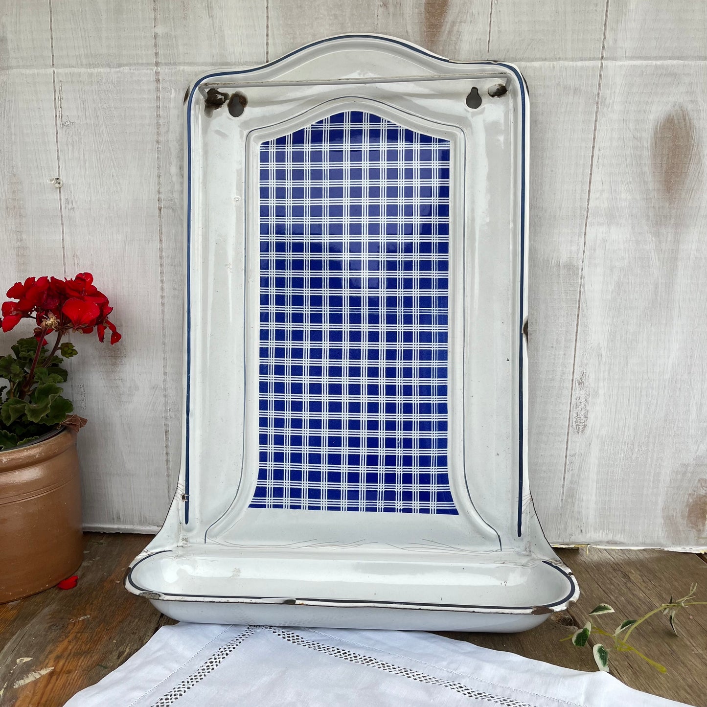 Vintage French Enamel Utensil Rail. BB Freres. Hanger. Drip Tray. Chippy. 1930s