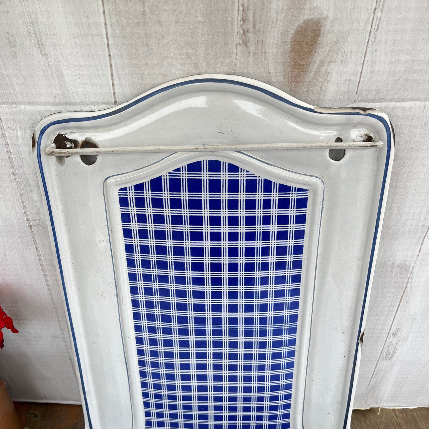 Vintage French Enamel Utensil Rail. BB Freres. Hanger. Drip Tray. Chippy. 1930s
