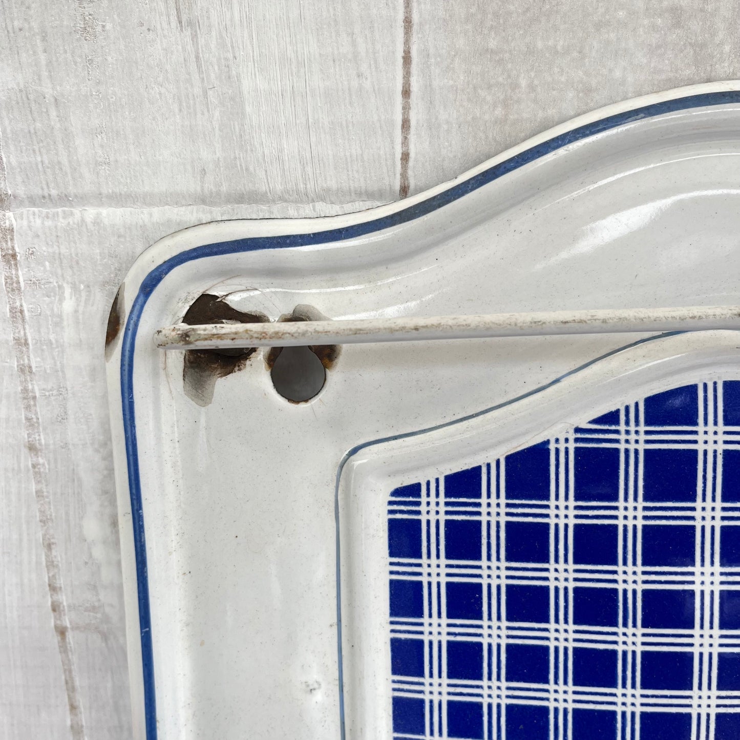 Vintage French Enamel Utensil Rail. BB Freres. Hanger. Drip Tray. Chippy. 1930s