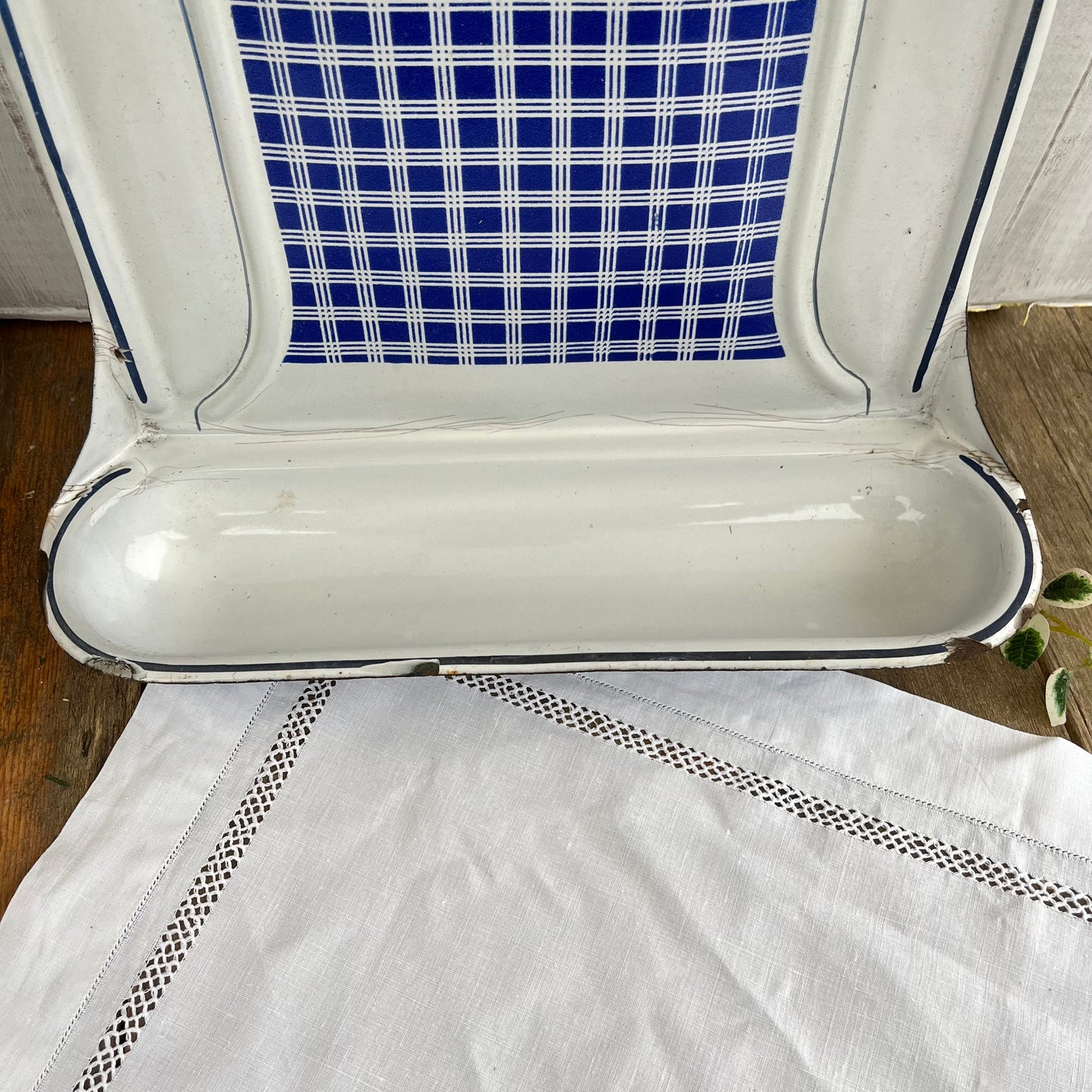 Vintage French Enamel Utensil Rail. BB Freres. Hanger. Drip Tray. Chippy. 1930s