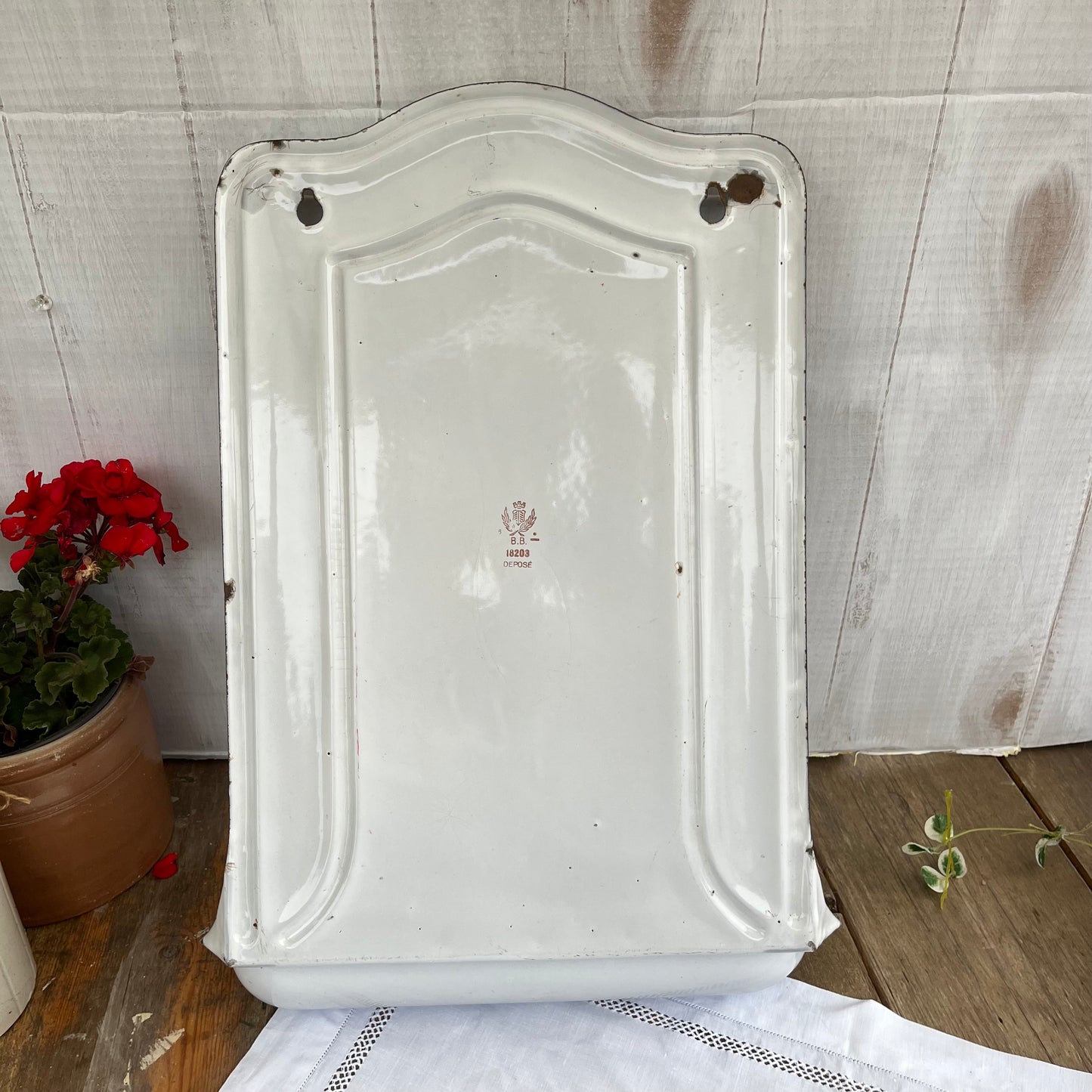 Vintage French Enamel Utensil Rail. BB Freres. Hanger. Drip Tray. Chippy. 1930s