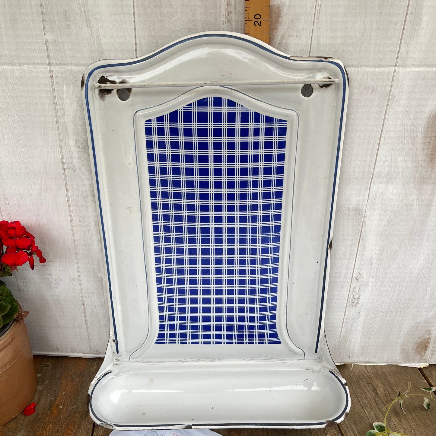 Vintage French Enamel Utensil Rail. BB Freres. Hanger. Drip Tray. Chippy. 1930s