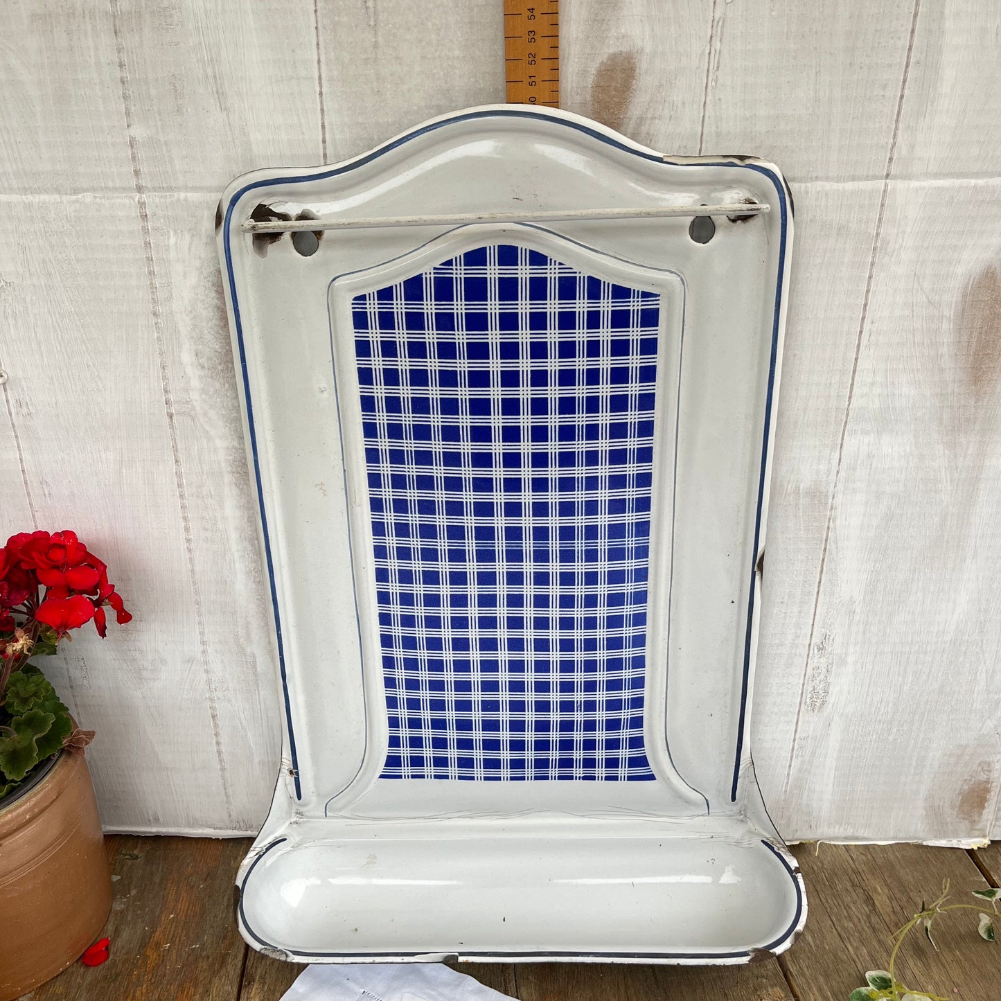 Vintage French Enamel Utensil Rail. BB Freres. Hanger. Drip Tray. Chippy. 1930s