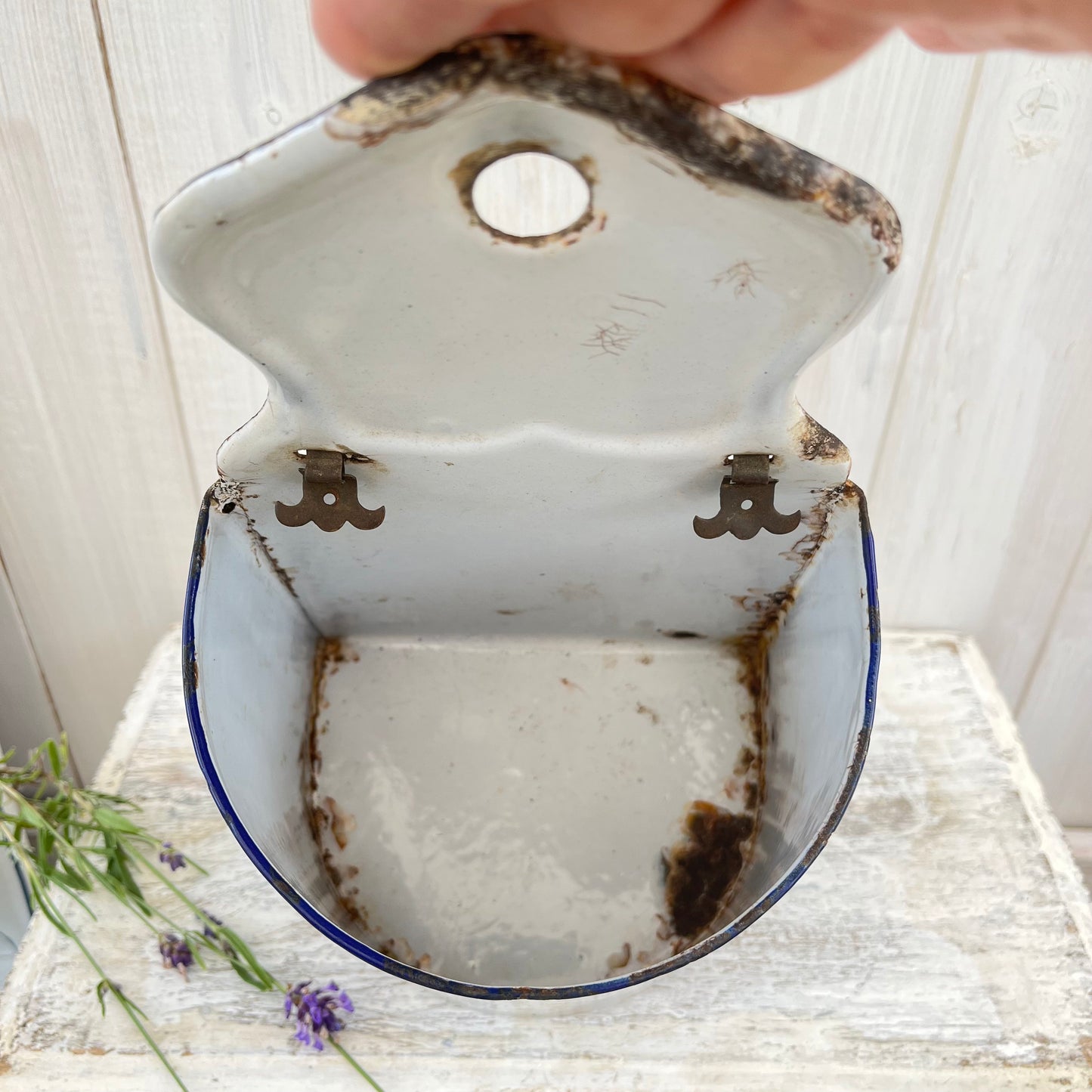 Vintage French Enamel Salt Box. No Lid. Chippy. Brocante