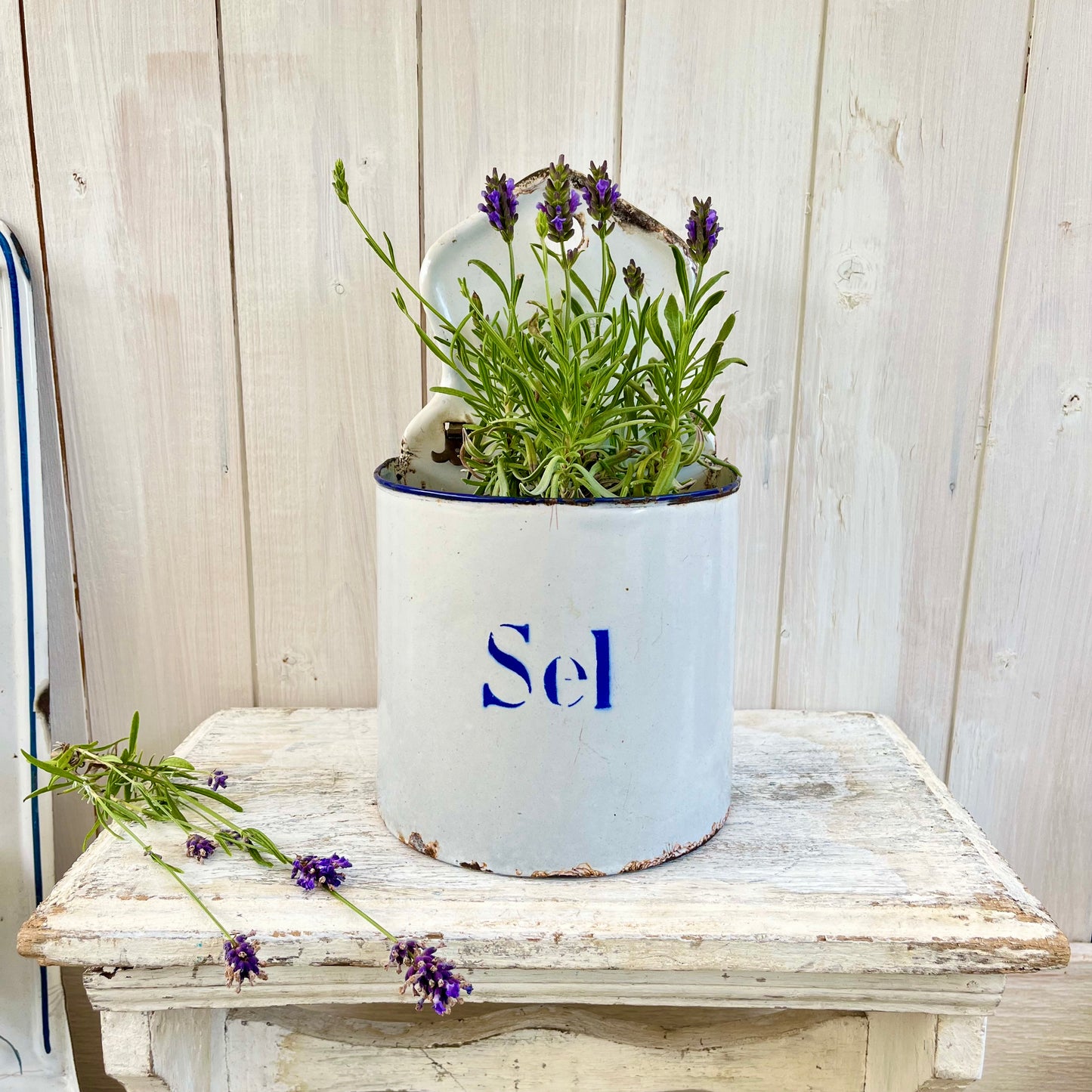 Vintage French Enamel Salt Box. No Lid. Chippy. Brocante