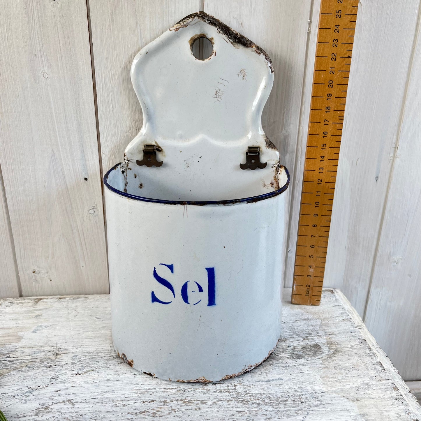Vintage French Enamel Salt Box. No Lid. Chippy. Brocante