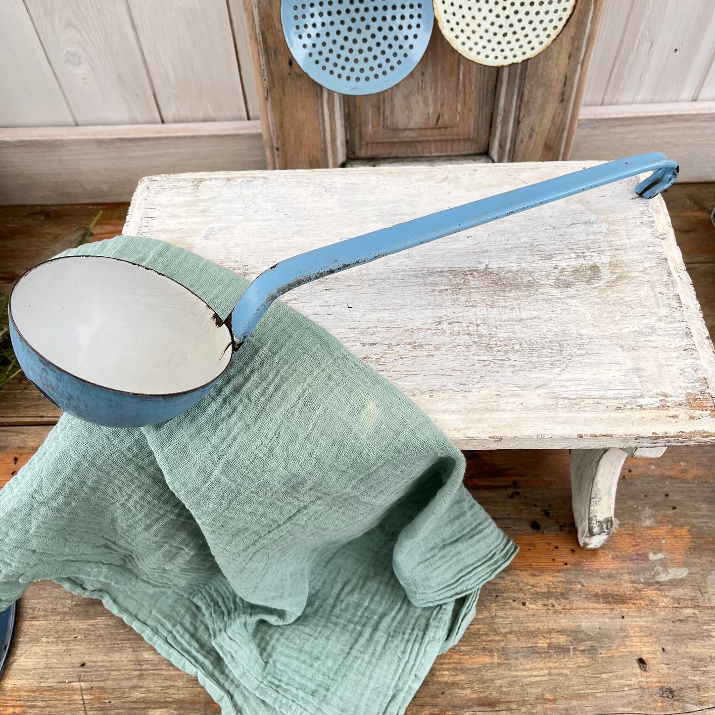 Vintage Blue Enamel Ladle. Chippy. Rustic. Brocante