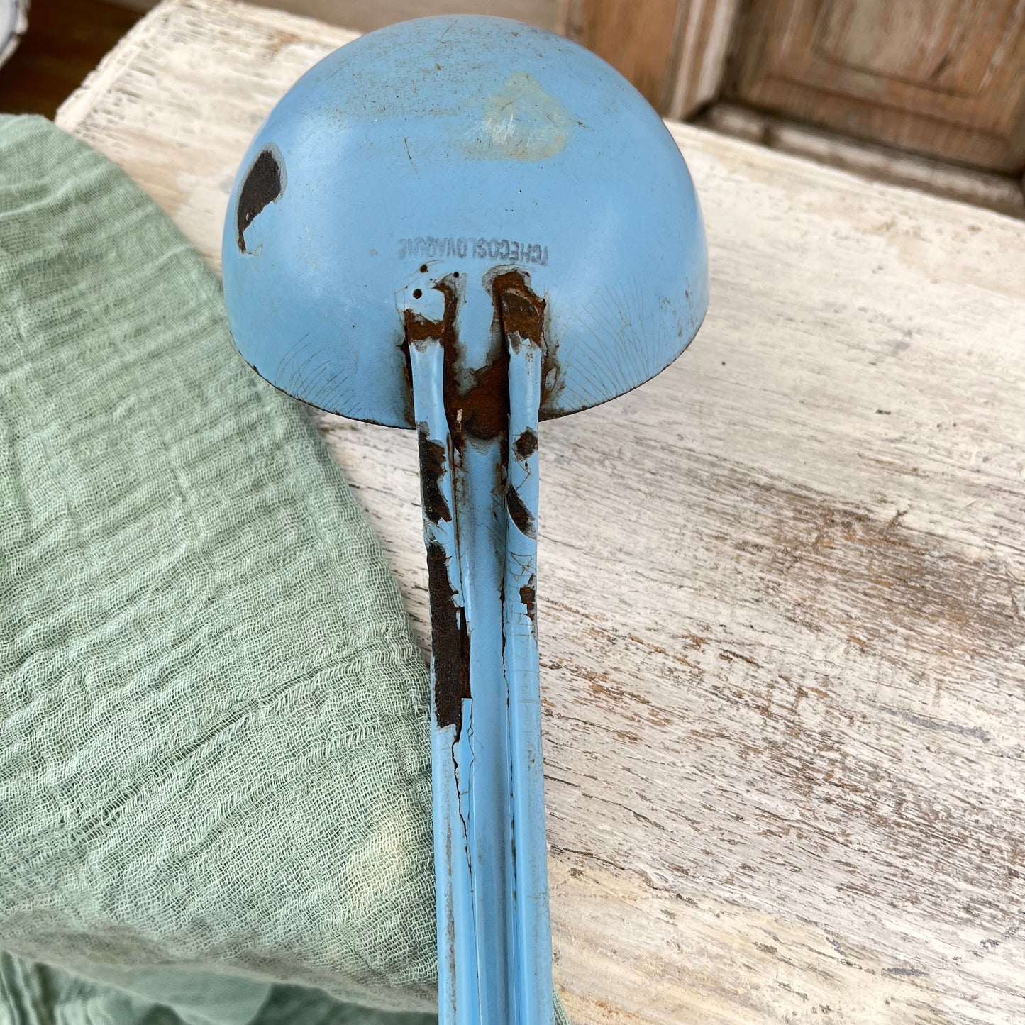 Vintage Blue Enamel Ladle. Chippy. Rustic. Brocante