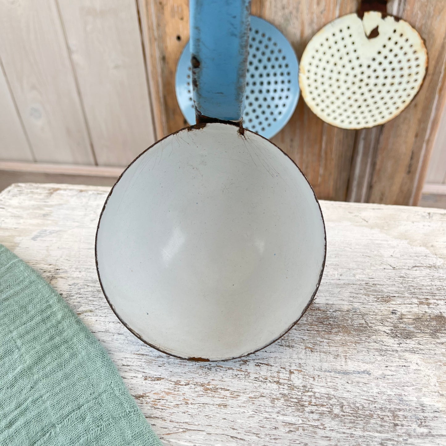 Vintage Blue Enamel Ladle. Chippy. Rustic. Brocante