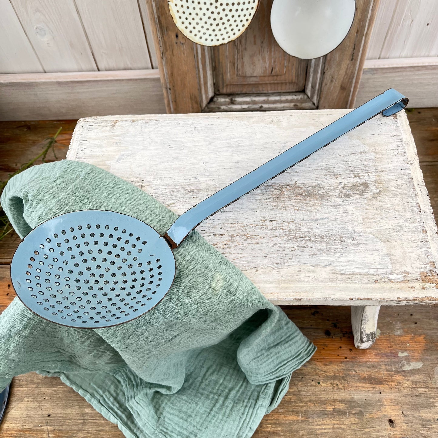 Vintage French Blue Enamel Sieve Spoon Ladle. Chippy. Rustic. Brocante