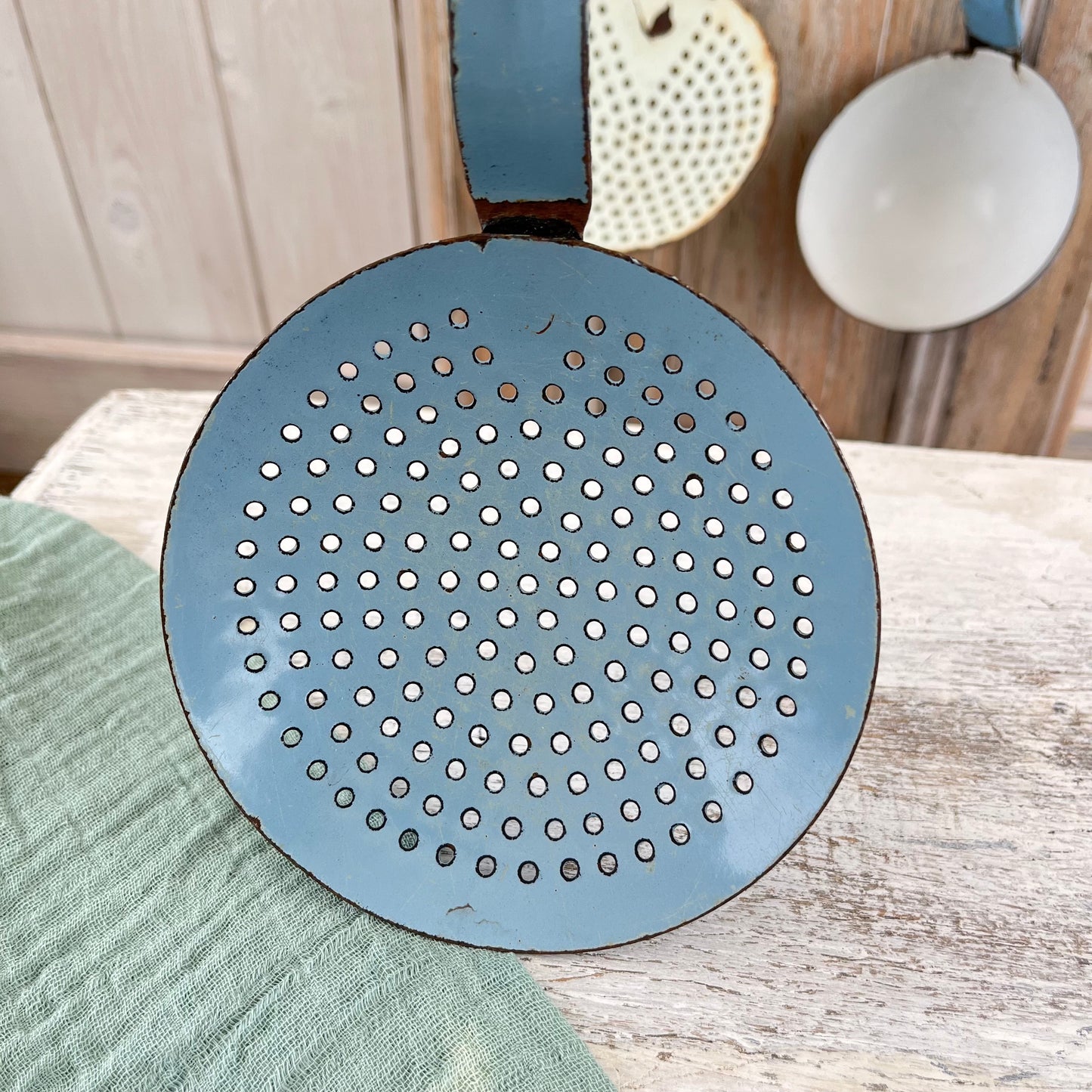 Vintage French Blue Enamel Sieve Spoon Ladle. Chippy. Rustic. Brocante
