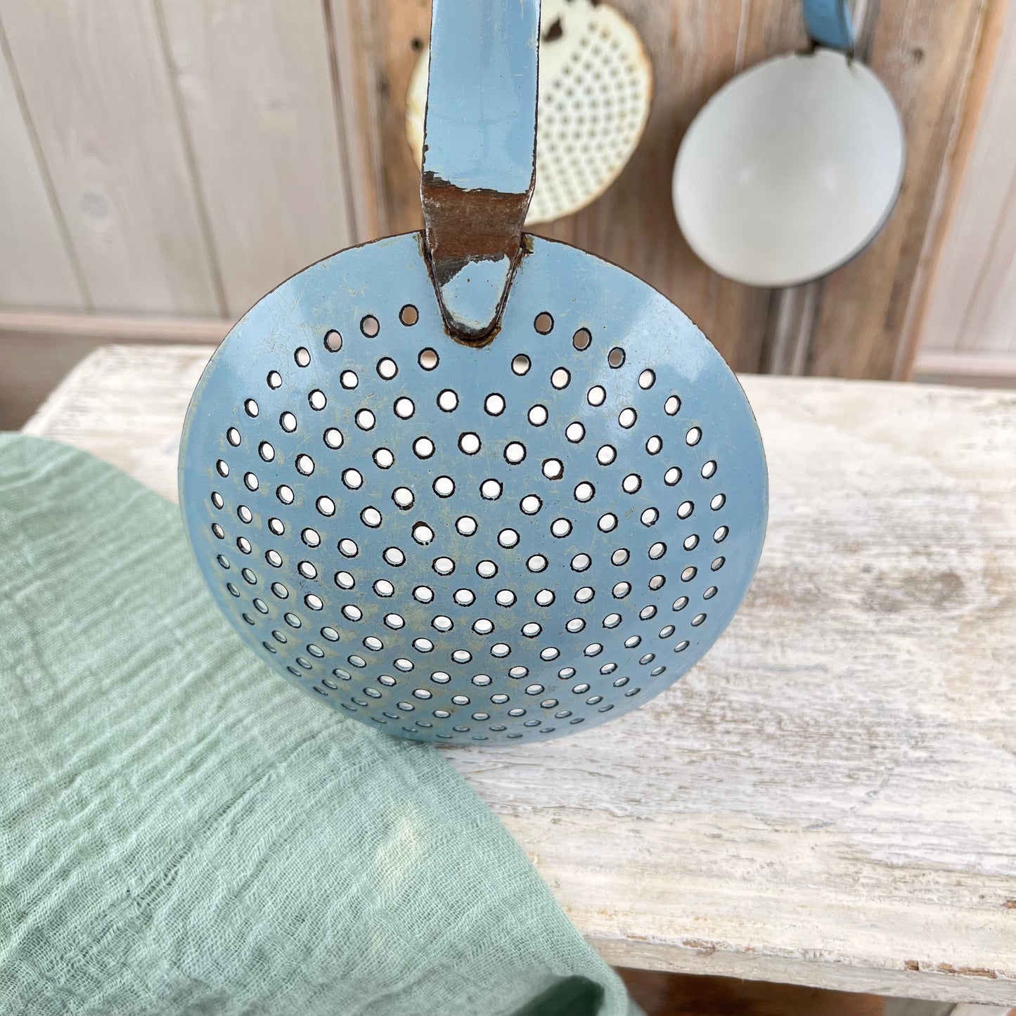 Vintage French Blue Enamel Sieve Spoon Ladle. Chippy. Rustic. Brocante