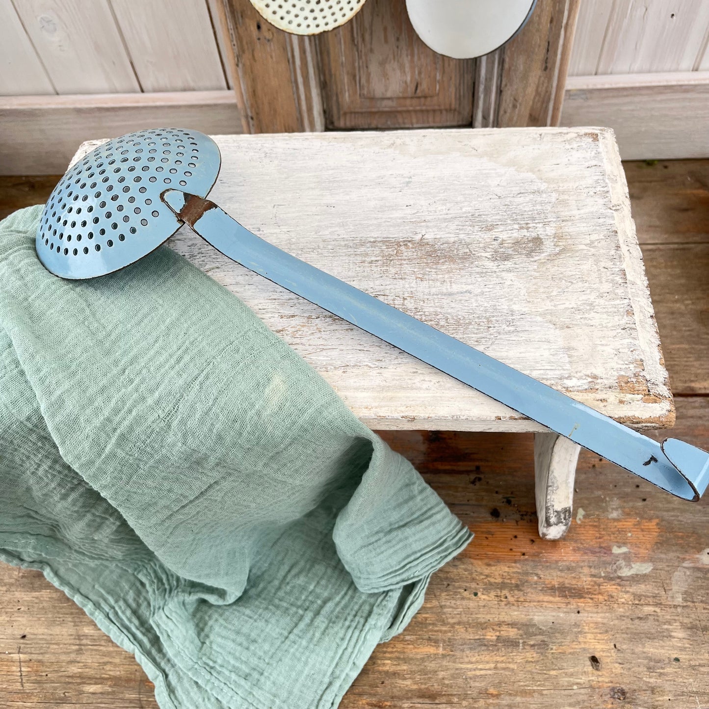 Vintage French Blue Enamel Sieve Spoon Ladle. Chippy. Rustic. Brocante