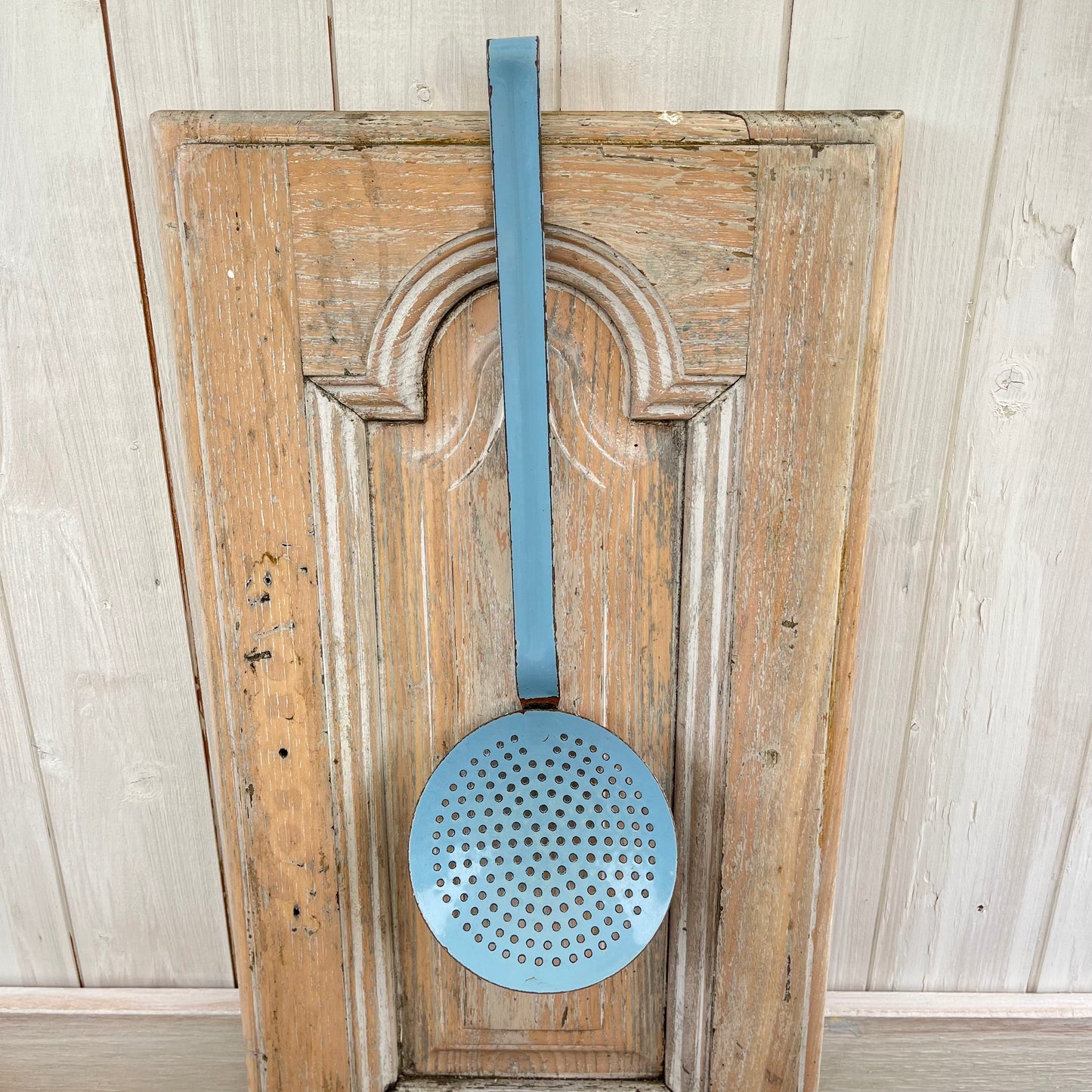 Vintage French Blue Enamel Sieve Spoon Ladle. Chippy. Rustic. Brocante