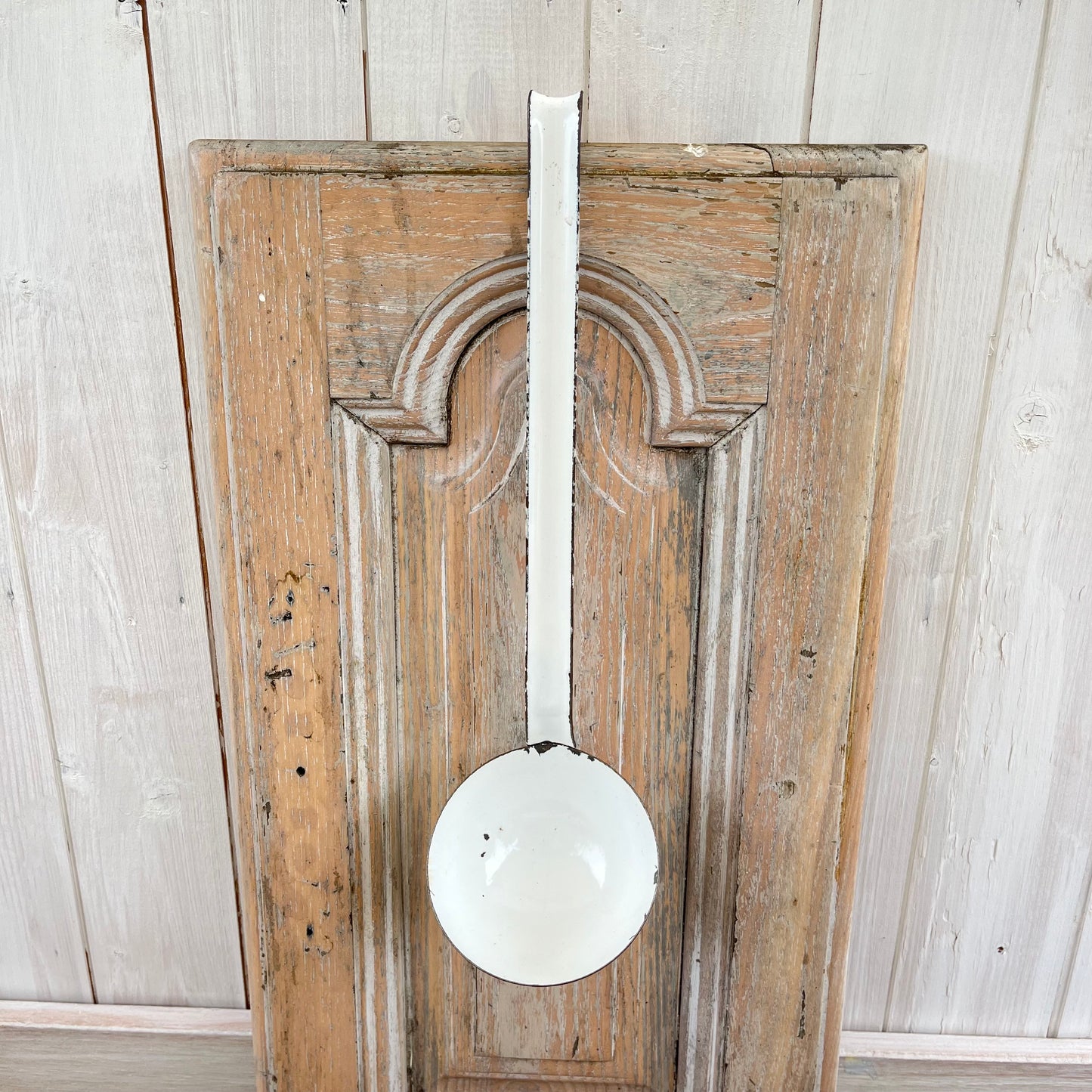 Vintage French Enamel Ladle. White Chippy. Rustic. Brocante