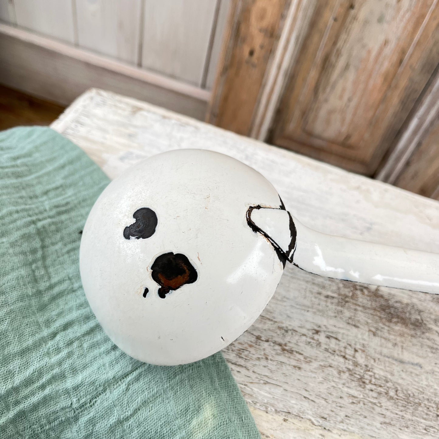 Vintage French Enamel Ladle. White Chippy. Rustic. Brocante