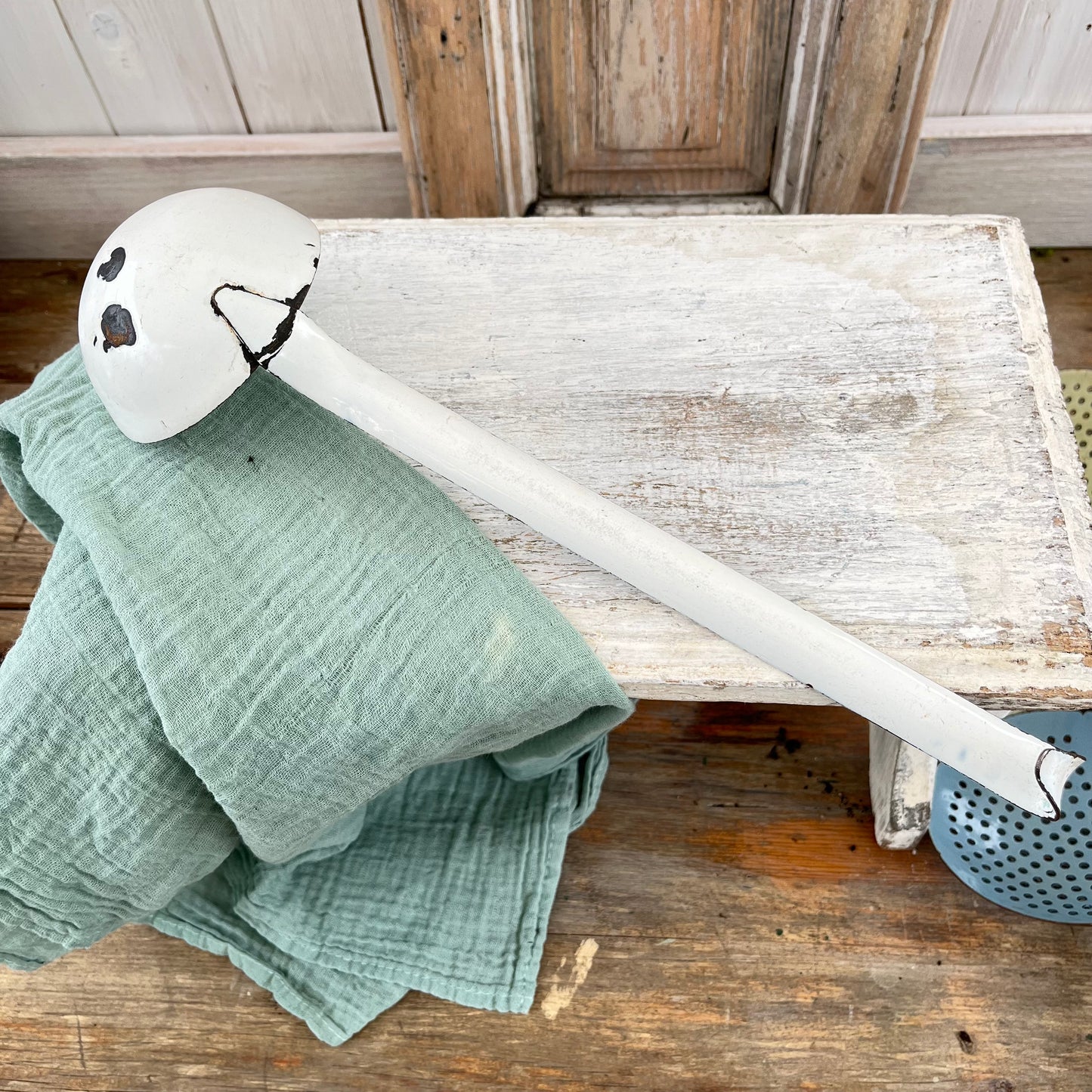 Vintage French Enamel Ladle. White Chippy. Rustic. Brocante