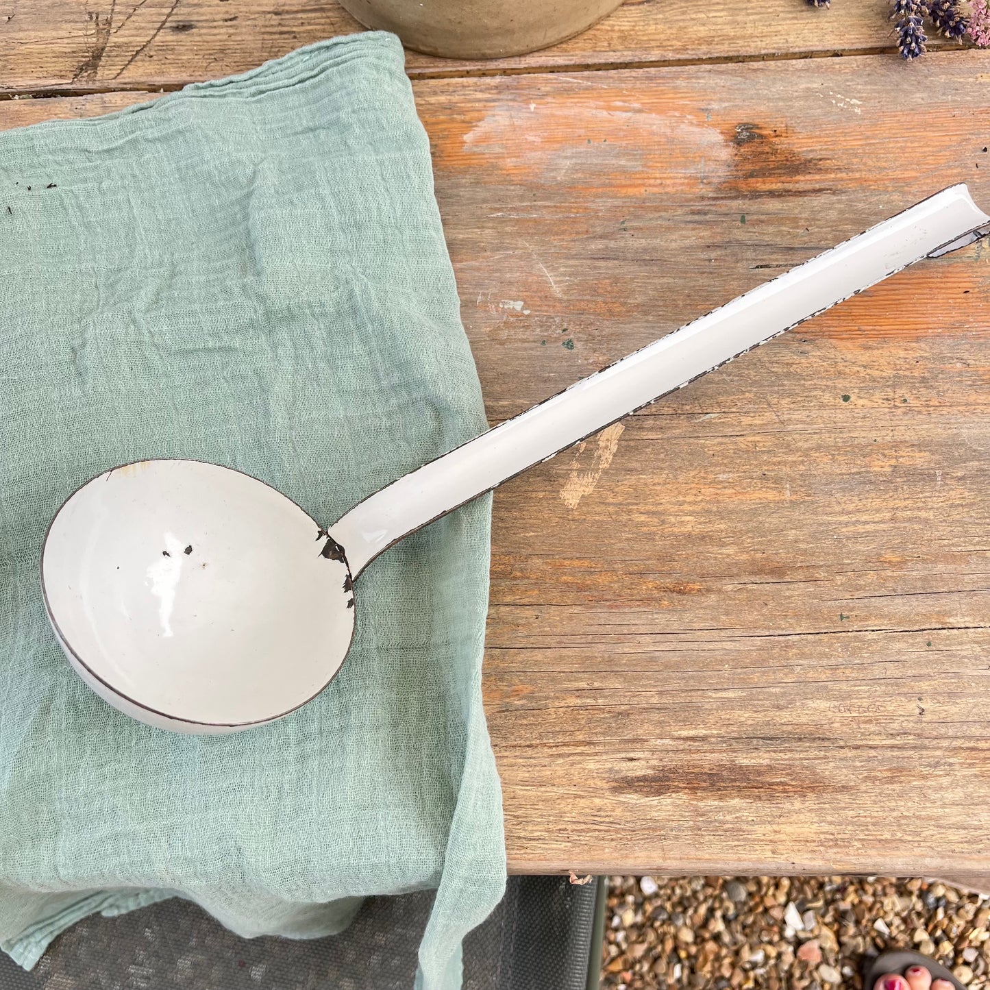 Vintage French Enamel Ladle. White Chippy. Rustic. Brocante