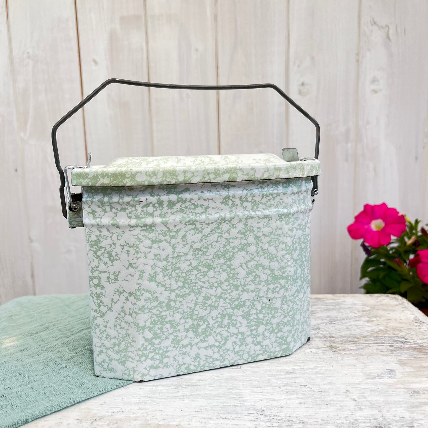 Vintage French Enamel Lunch Pail. Mottled Pale Green. Brocante.