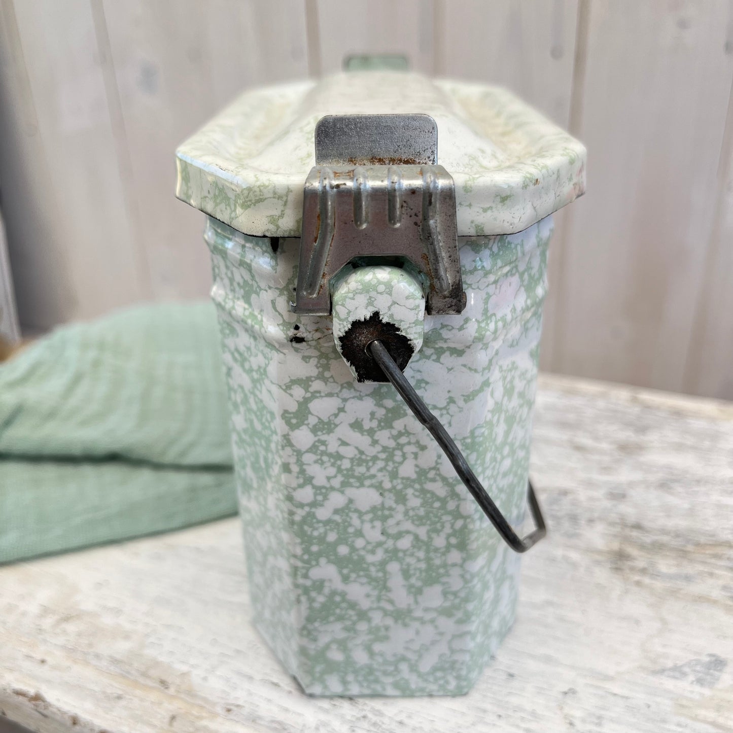Vintage French Enamel Lunch Pail. Mottled Pale Green. Brocante.