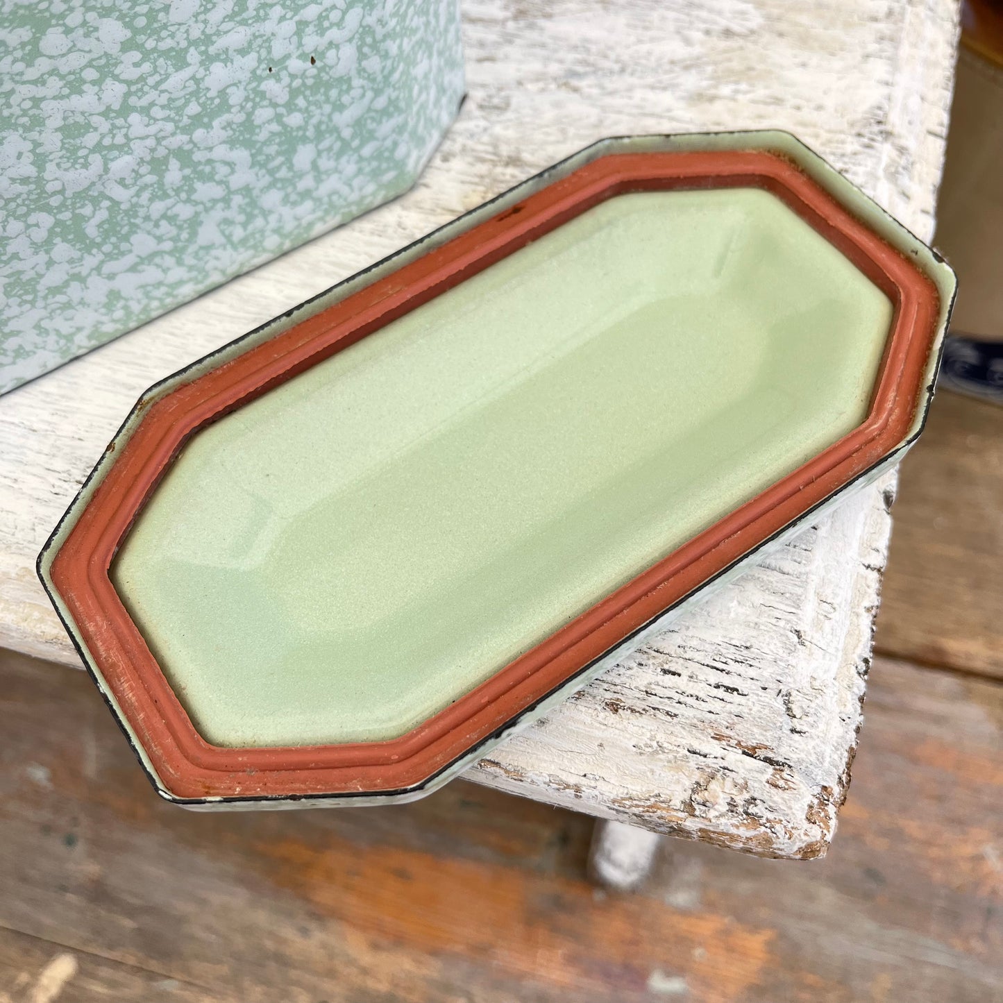 Vintage French Enamel Lunch Pail. Mottled Pale Green. Brocante.