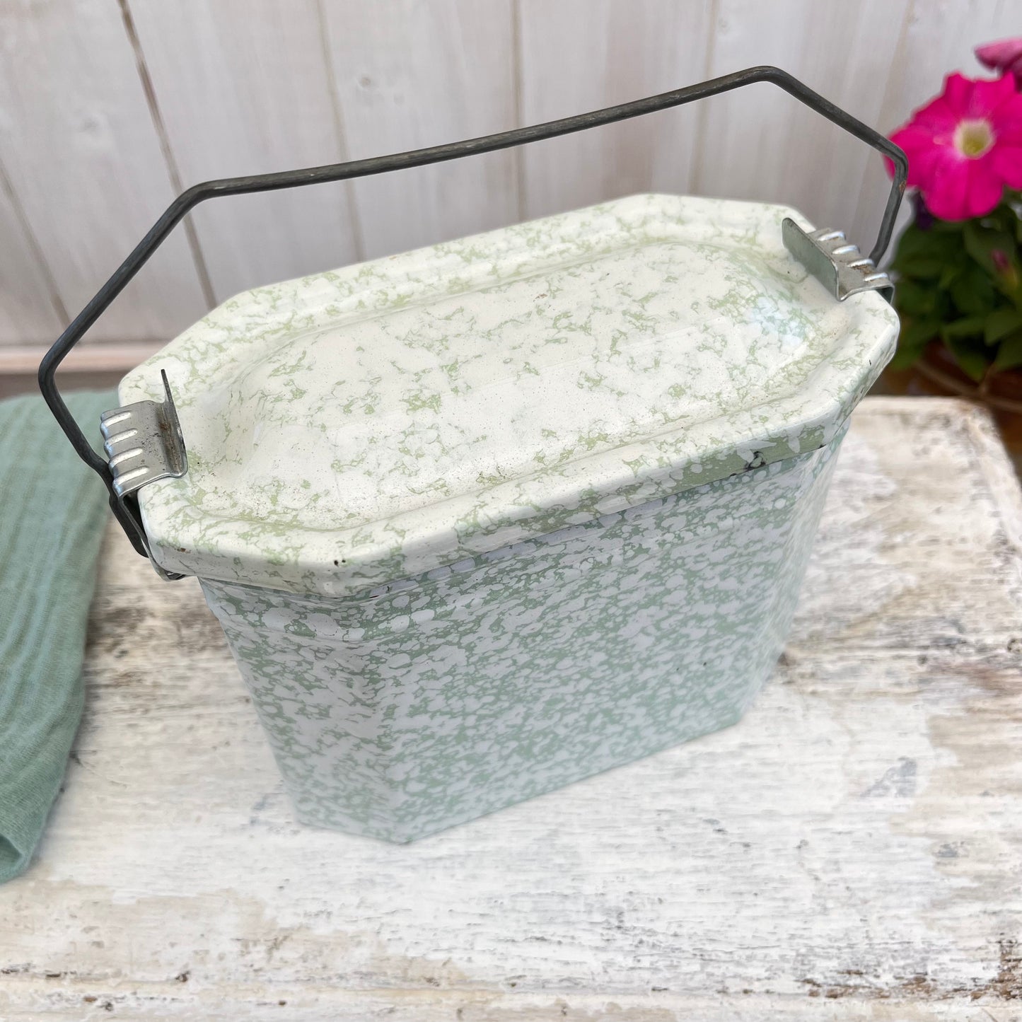 Vintage French Enamel Lunch Pail. Mottled Pale Green. Brocante.